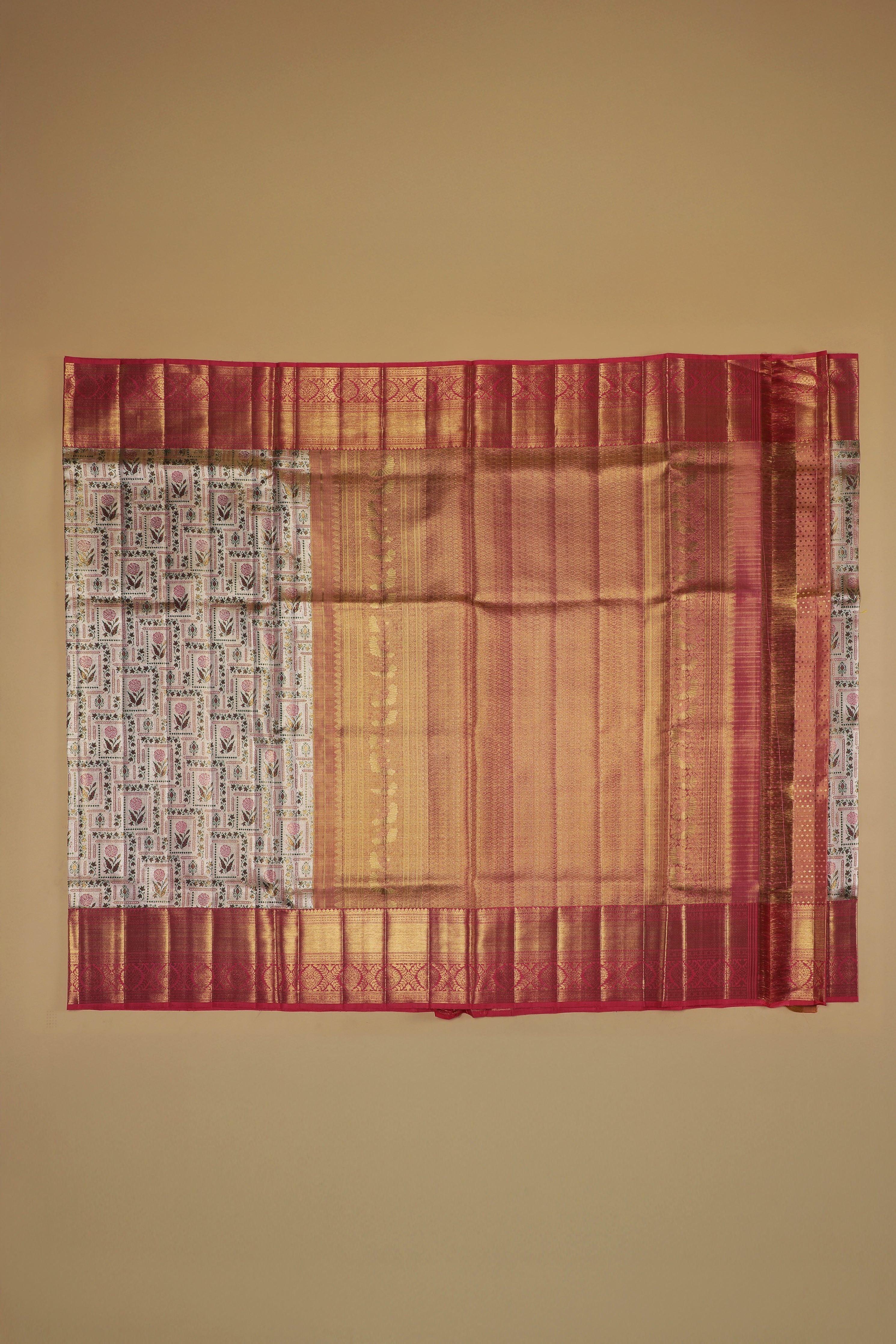 Antique Rose Gold Tissue Silk Saree with Floral Jaal and Peach Border - Mokshaa