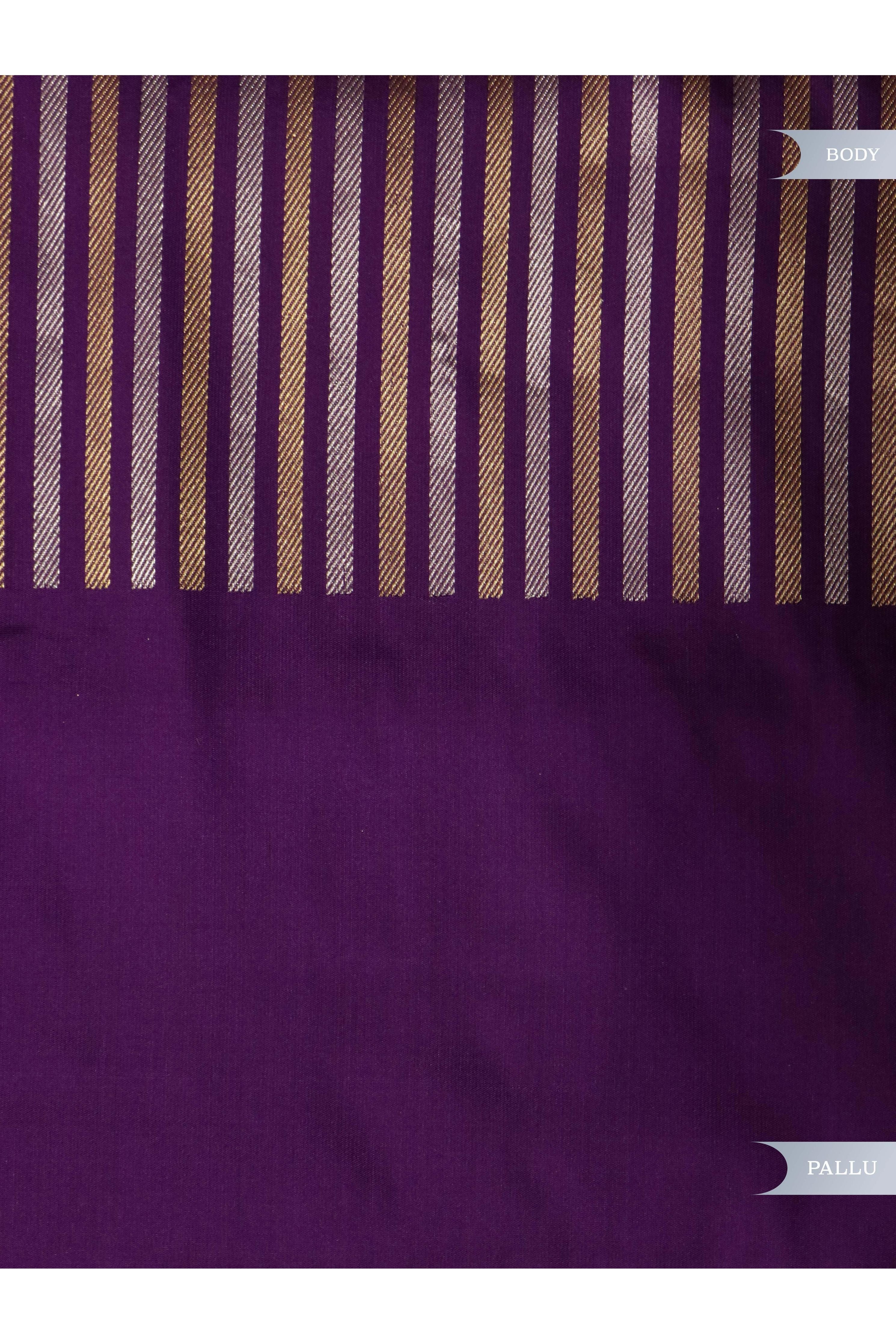Magenta Banarasi Silk Saree with Long Silver & Gold Zari Border - Mokshaa