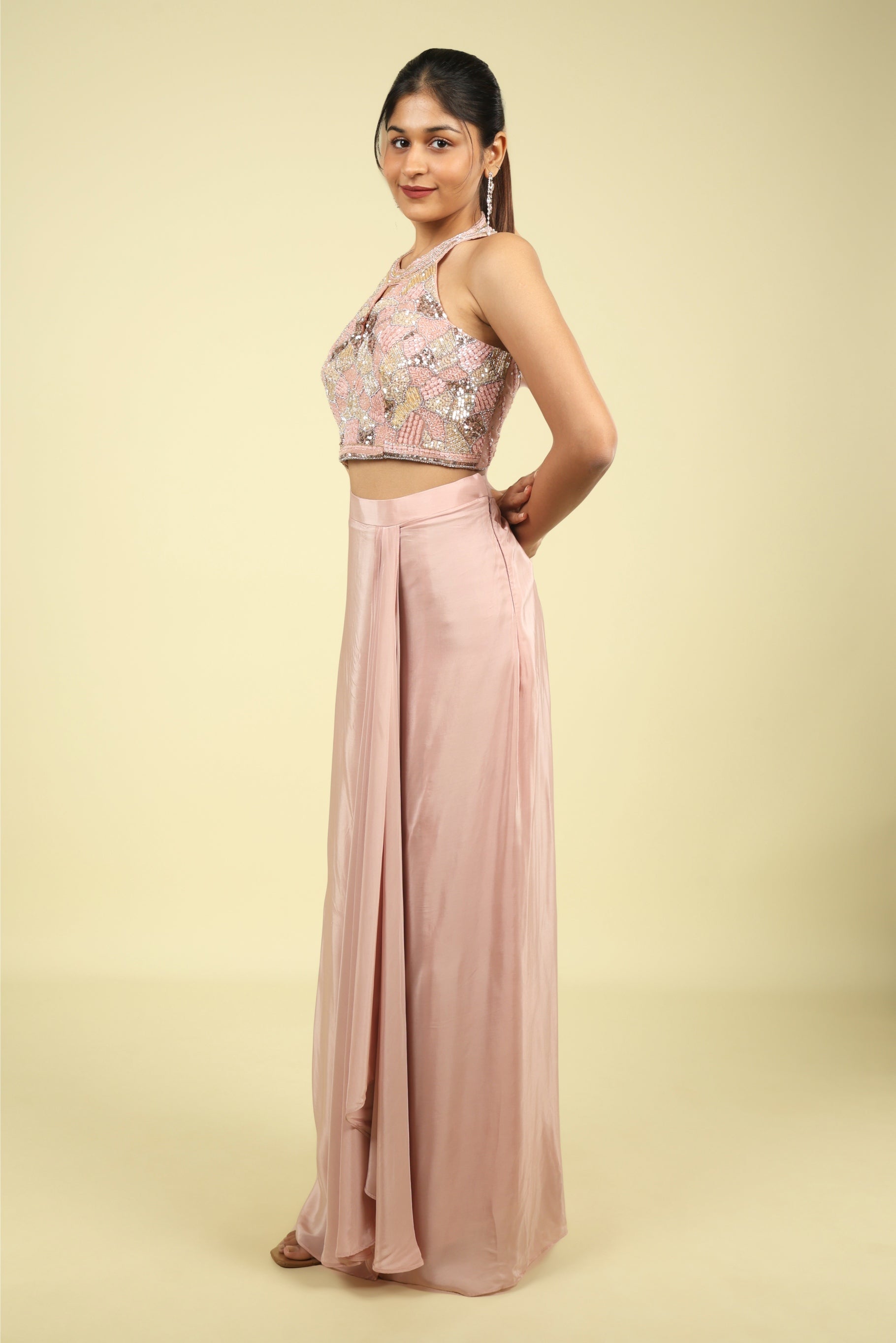 Blush Pink Halter Neck Embellished Drape Skirt Set - Mokshaa