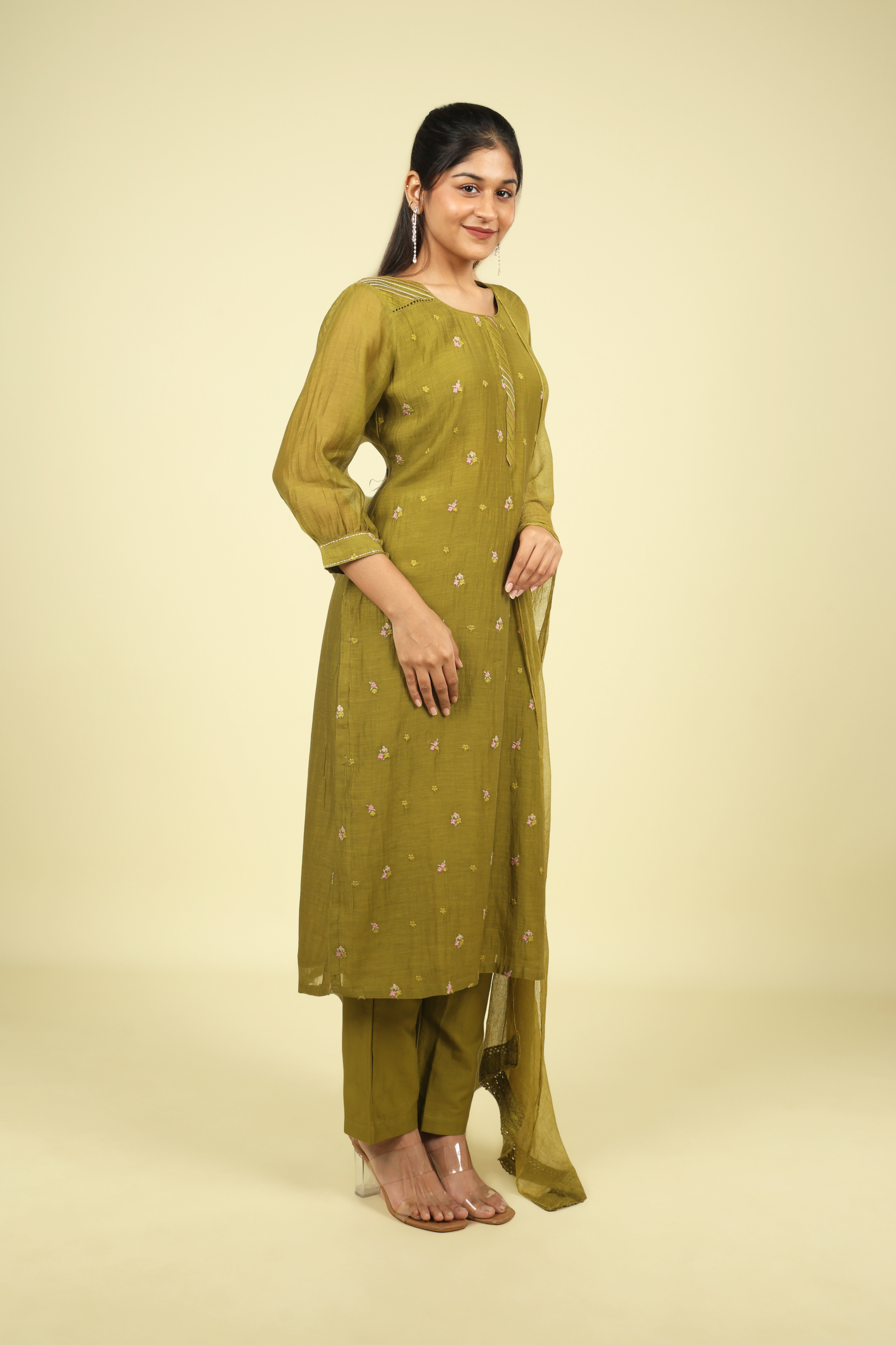 Olive Green Mul Chanderi Straight Cut Salwar Set with Chiffon Dupatta - Mokshaa