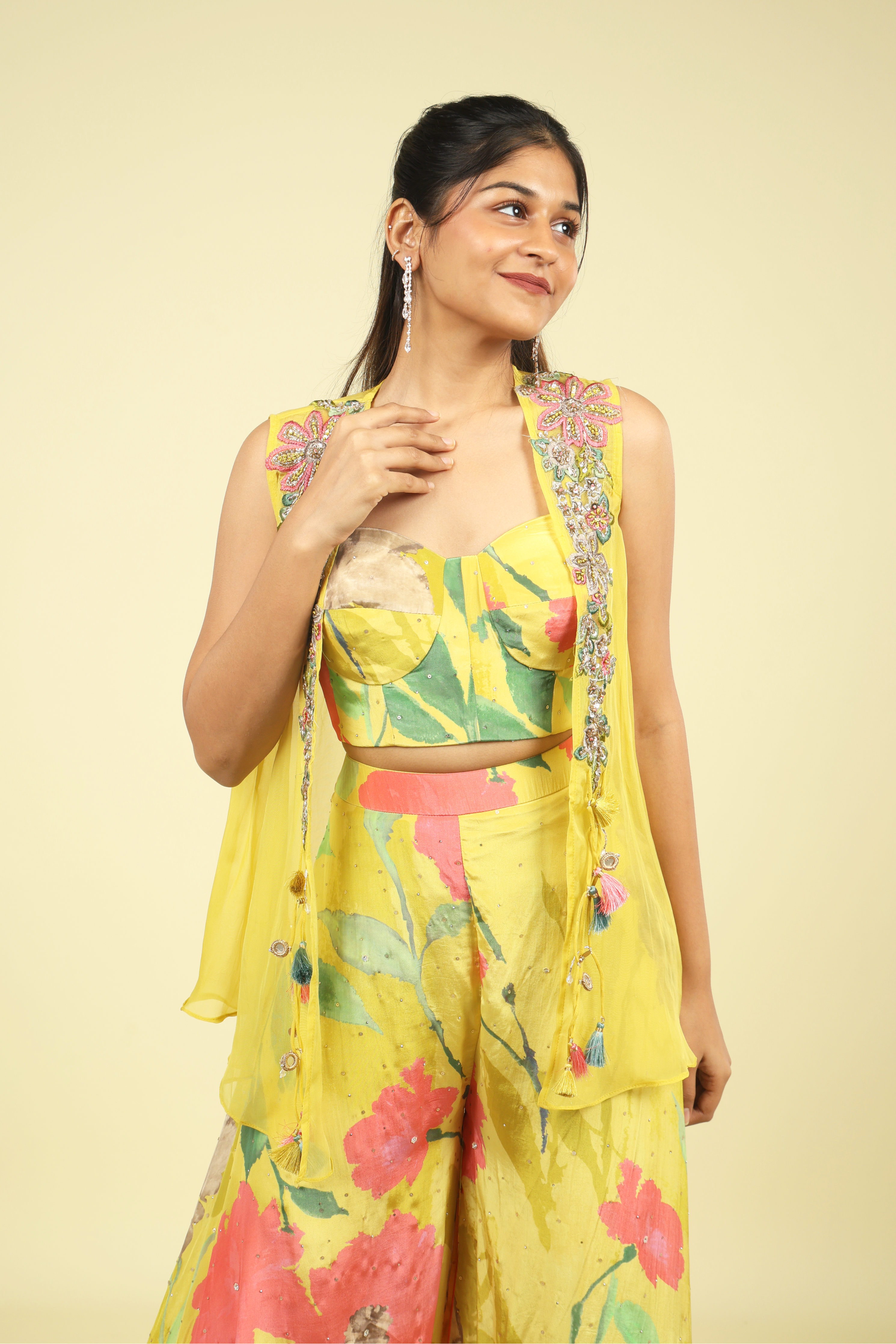 Yellow Printed Crepe Crop Top Palazzo Set - Mokshaa
