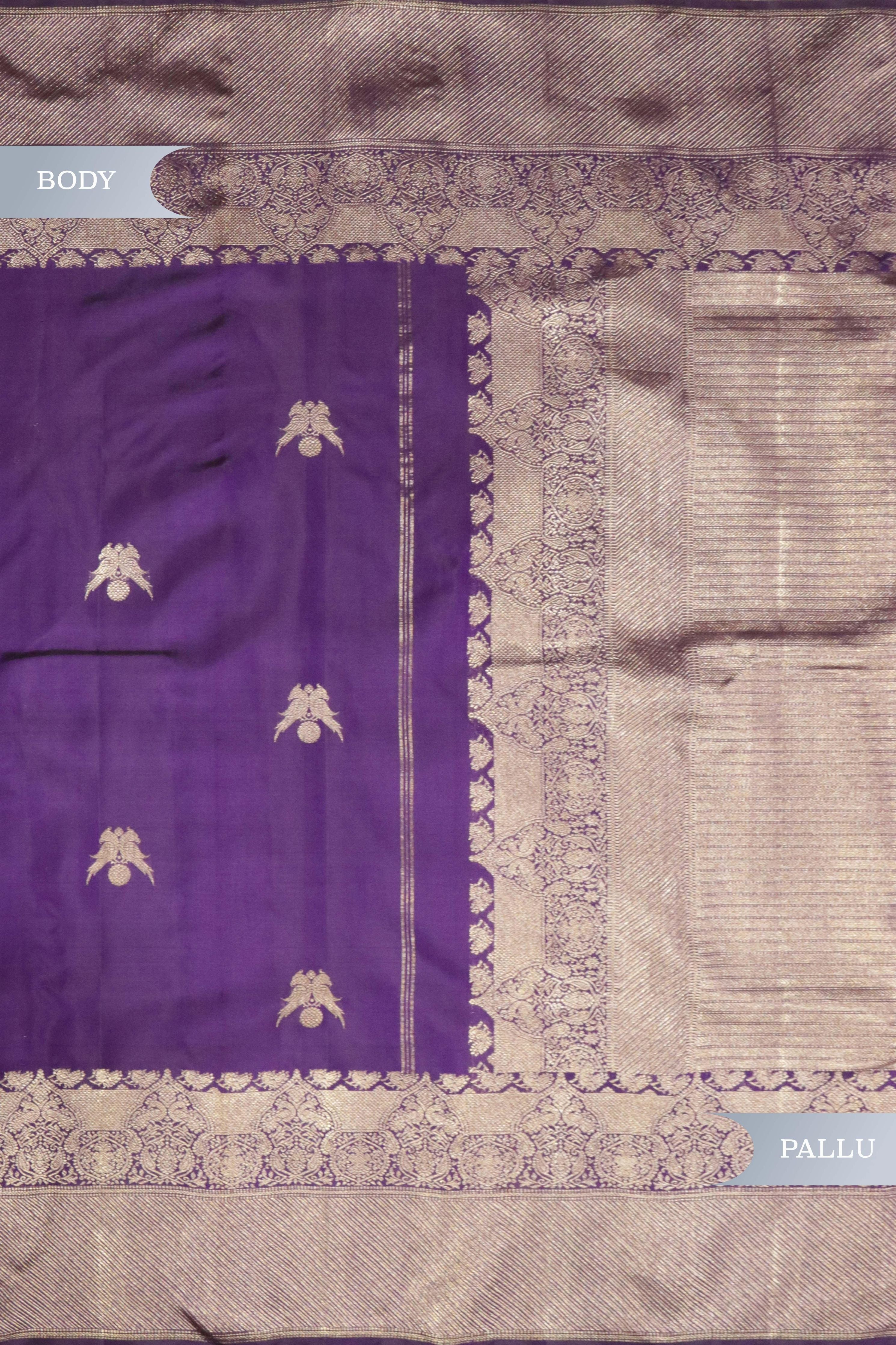 Purple Kanchipuram Silk Saree with Parrot Zari Motifs & Zari Weaving Border - Mokshaa
