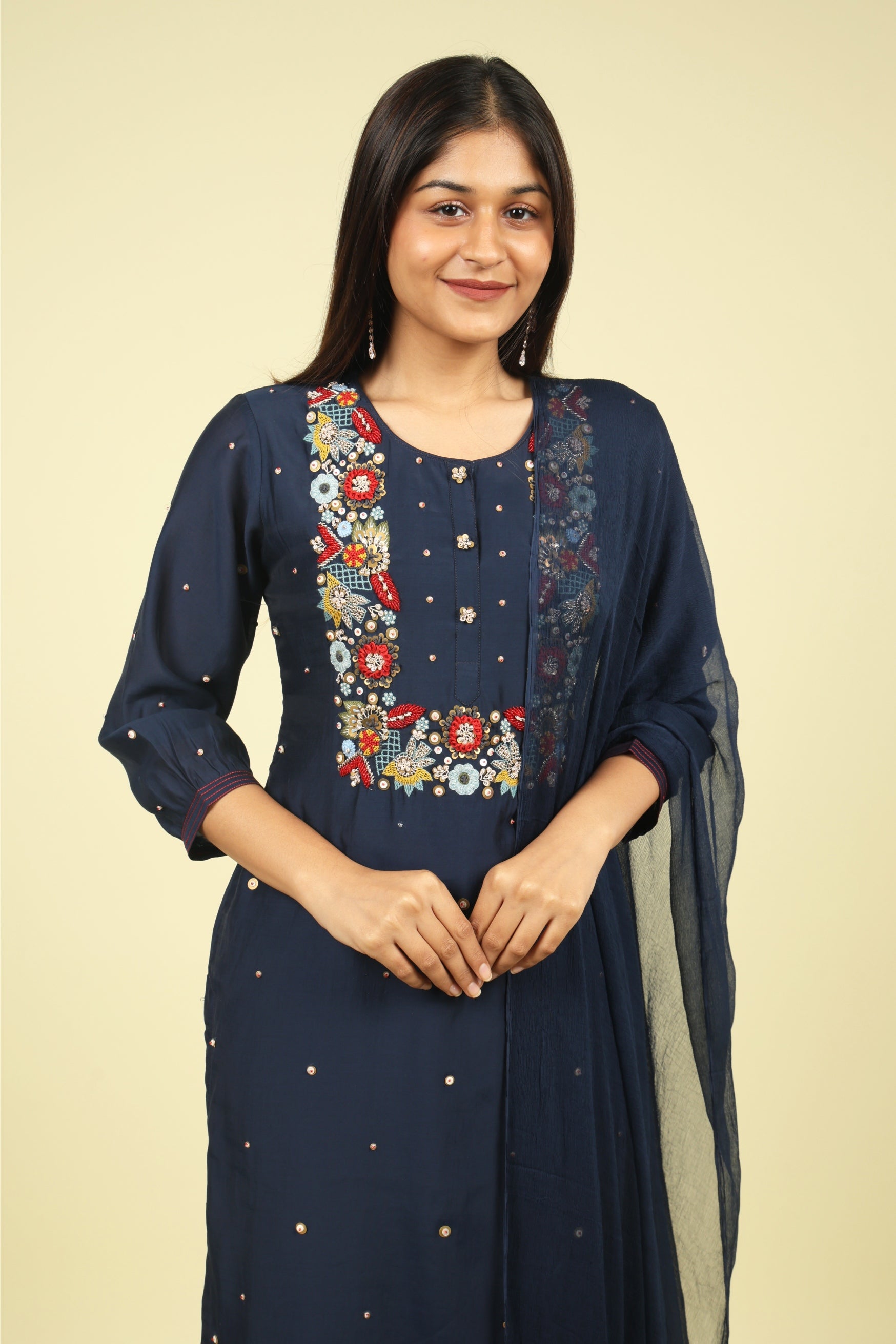 Navy Embroidered Mul Chanderi Salwar Suit - Mokshaa