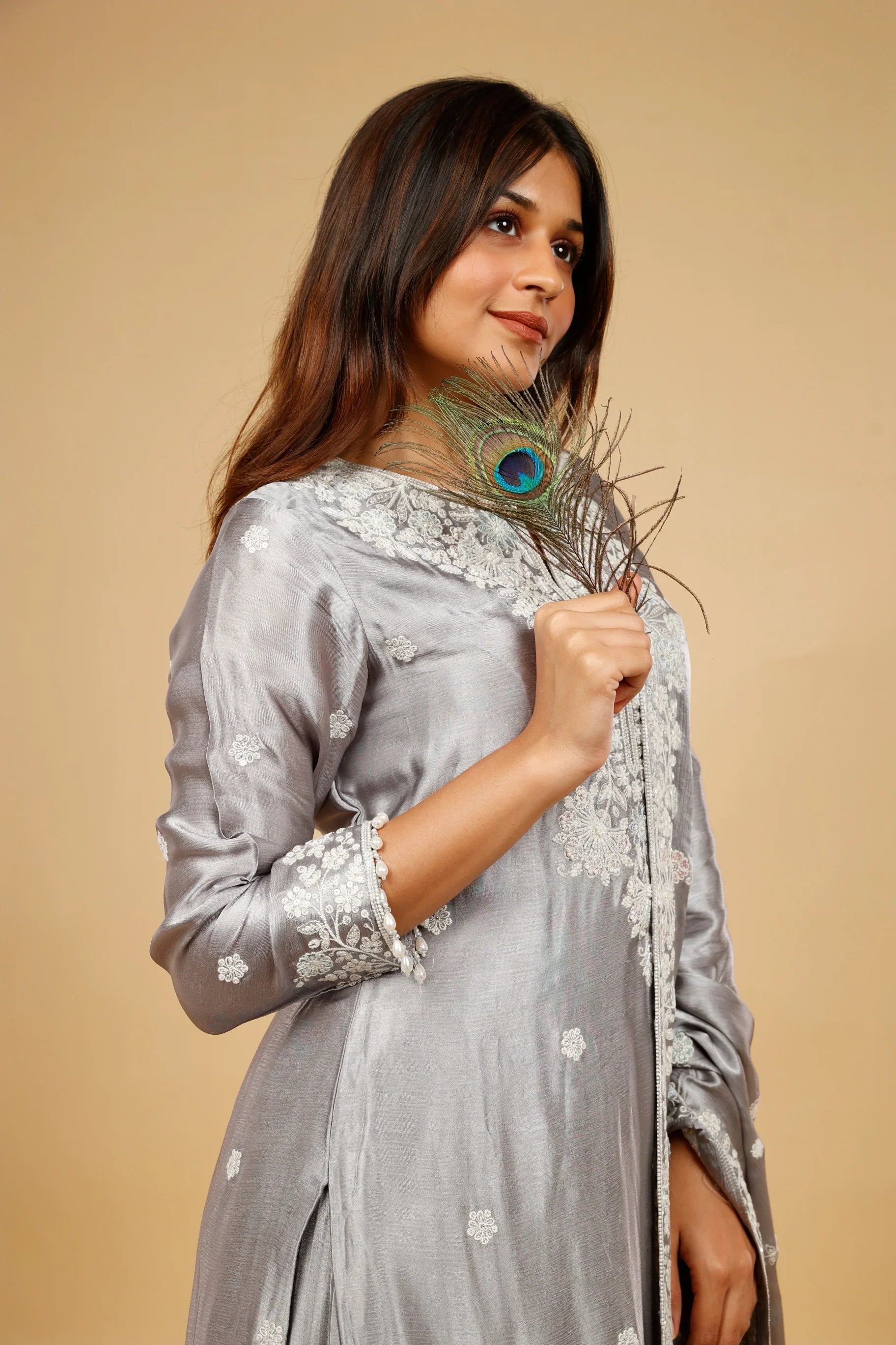 Silver Grey Chinon Silk Sharara Set with Thread, Pearl & Sequin Embroidery - Mokshaa