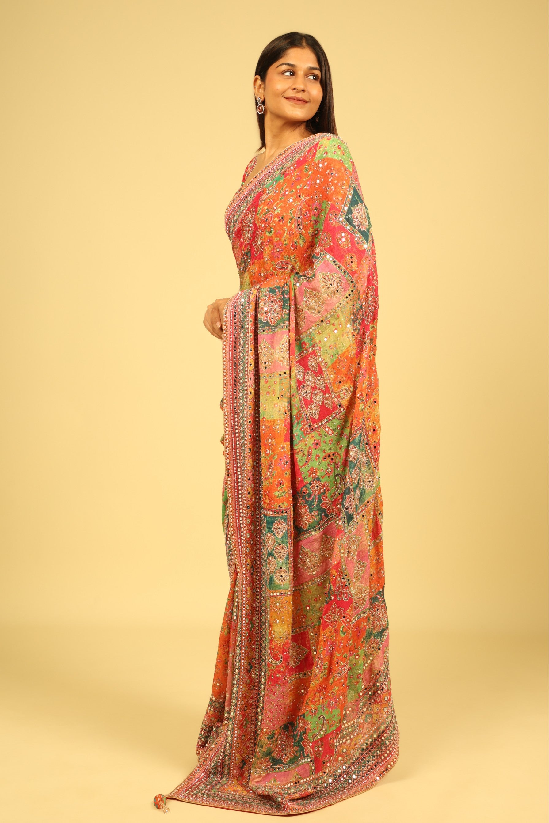 Multicolour Soft Georgette Saree with Digital Print, Sequin & Mirror Highlights - Mokshaa