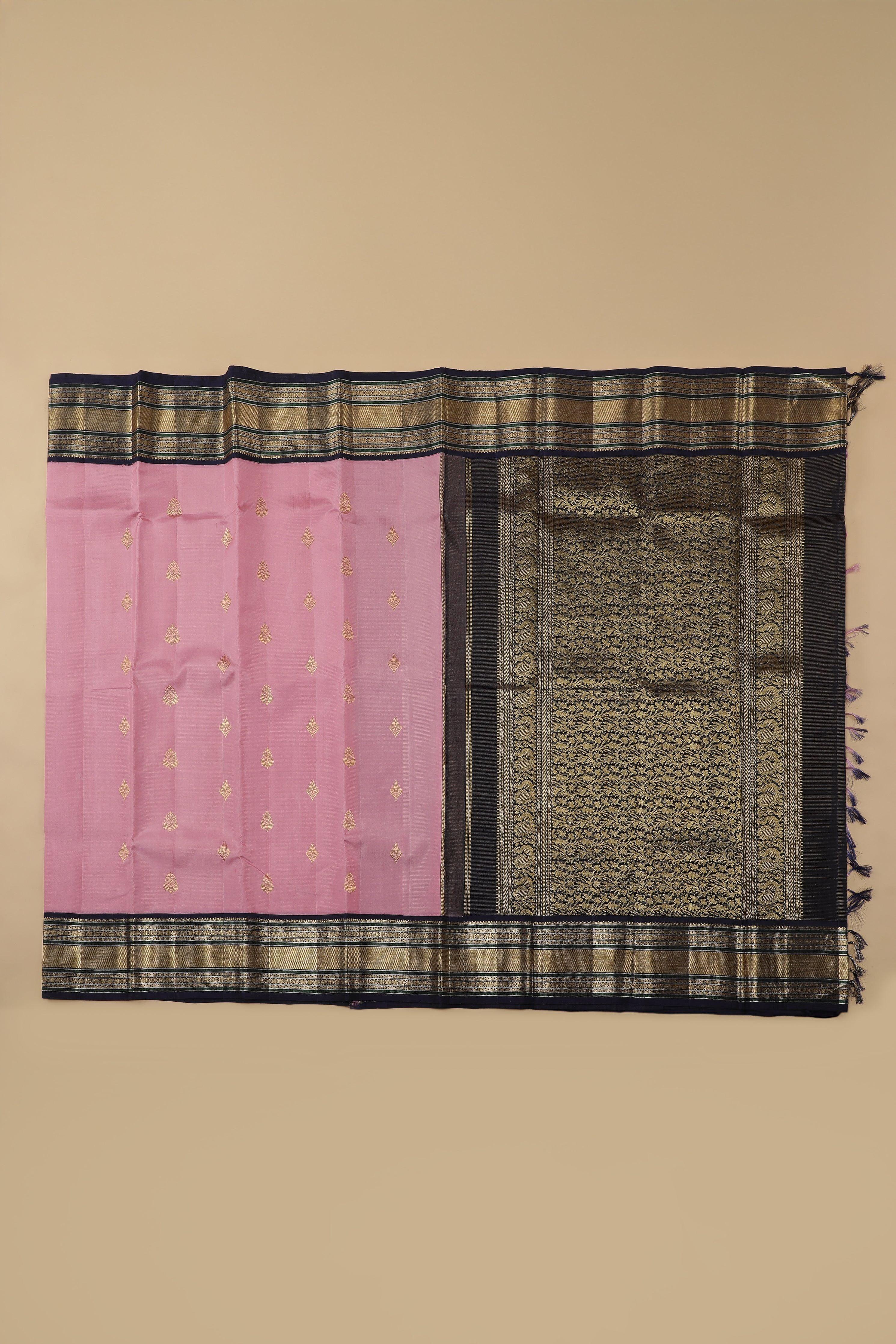 Light Pink Kanchipuram Silk Saree with Zari Motifs and Traditional Border - Mokshaa