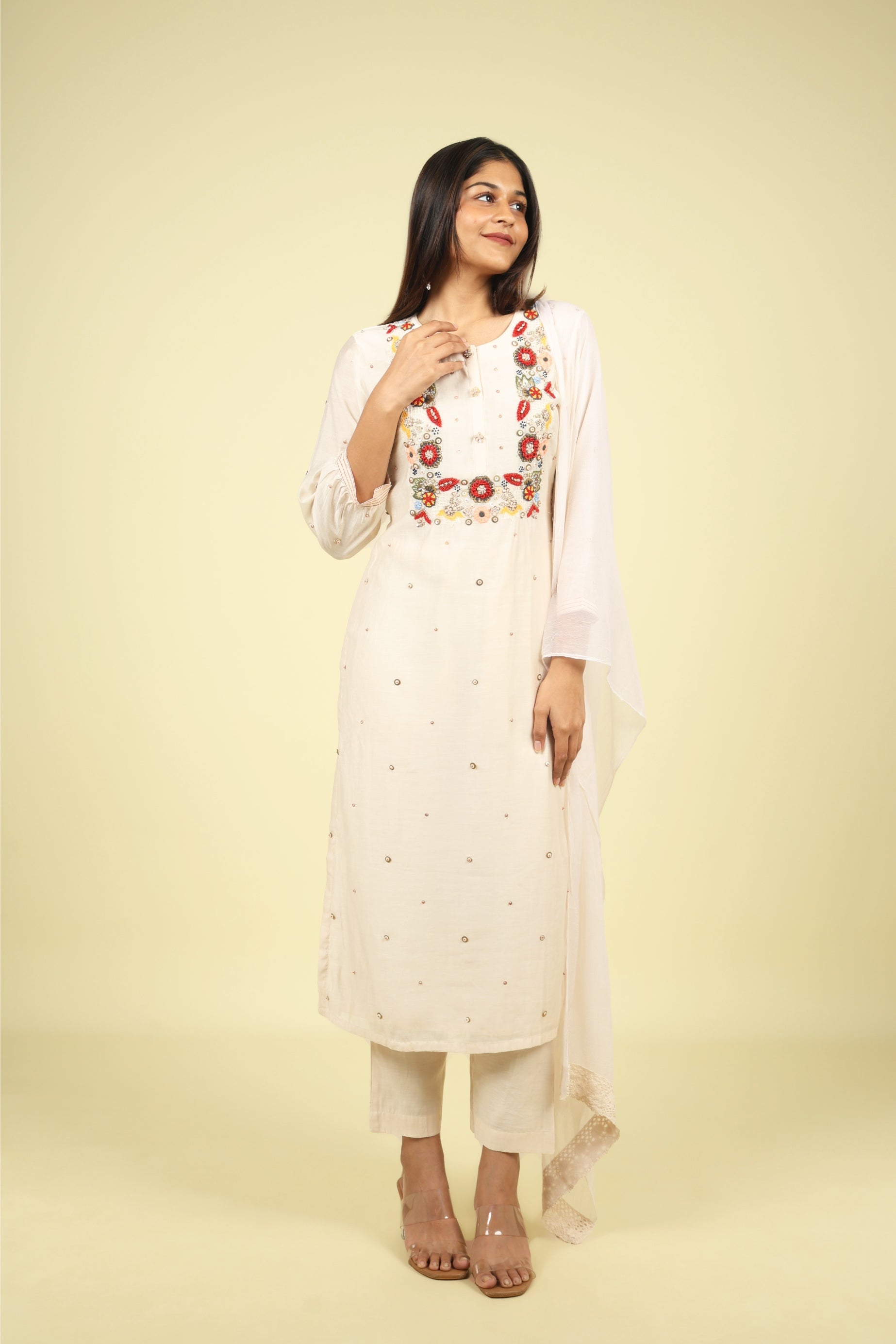 Cream Mul Chanderi Straight Cut Salwar Suit with Chiffon Dupatta - Mokshaa