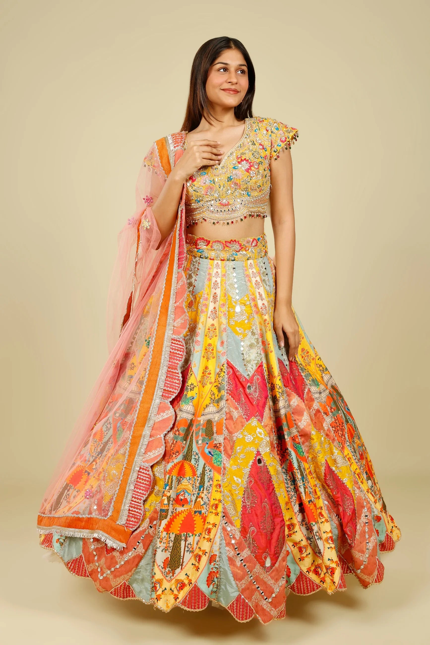 Multicolour Printed Silk Patchwork Lehenga Set with Mirror & Zari Embroidery - Mokshaa