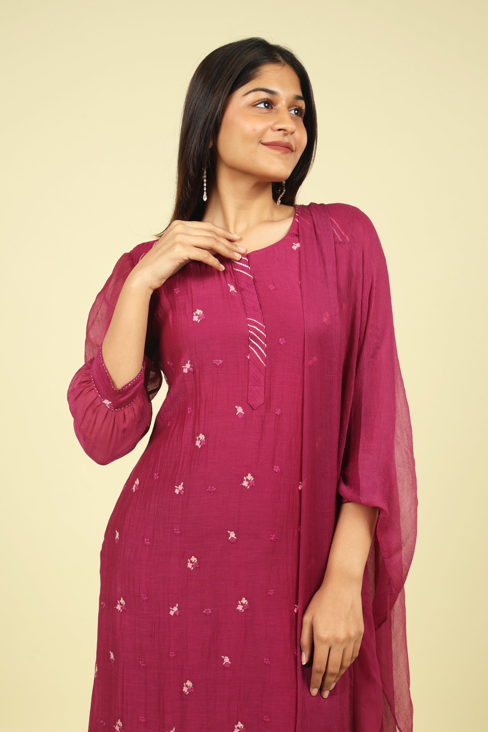 Magenta Mul Chanderi Straight Cut Salwar Set with Chiffon Dupatta - Mokshaa