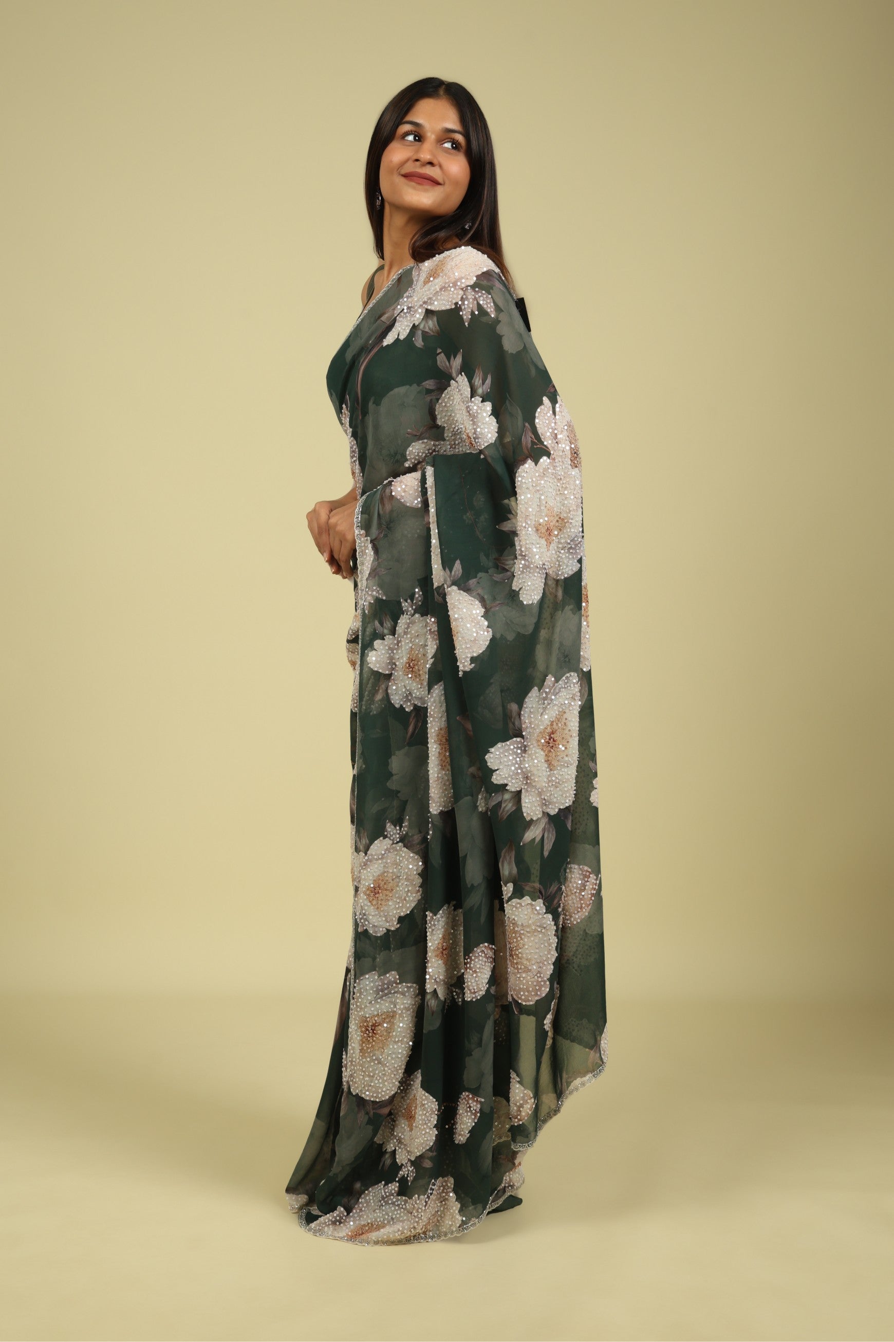 Dusty Green Saree with All-Over Digital Print & Sequin Highlights - Mokshaa