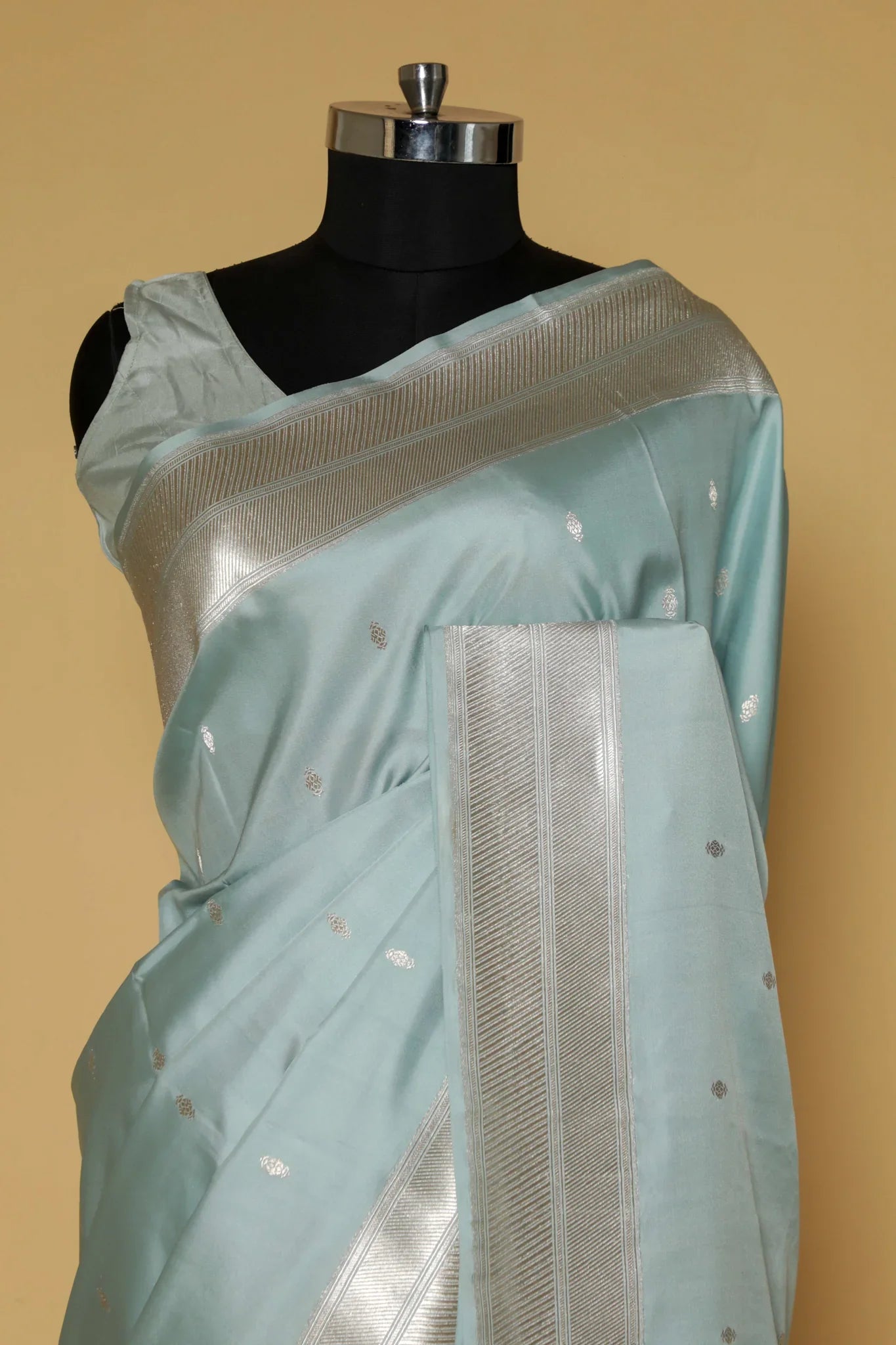 Light Blue Banarasi Mushroom Silk Saree with Silver Motifs & Silver Zari Border - Mokshaa