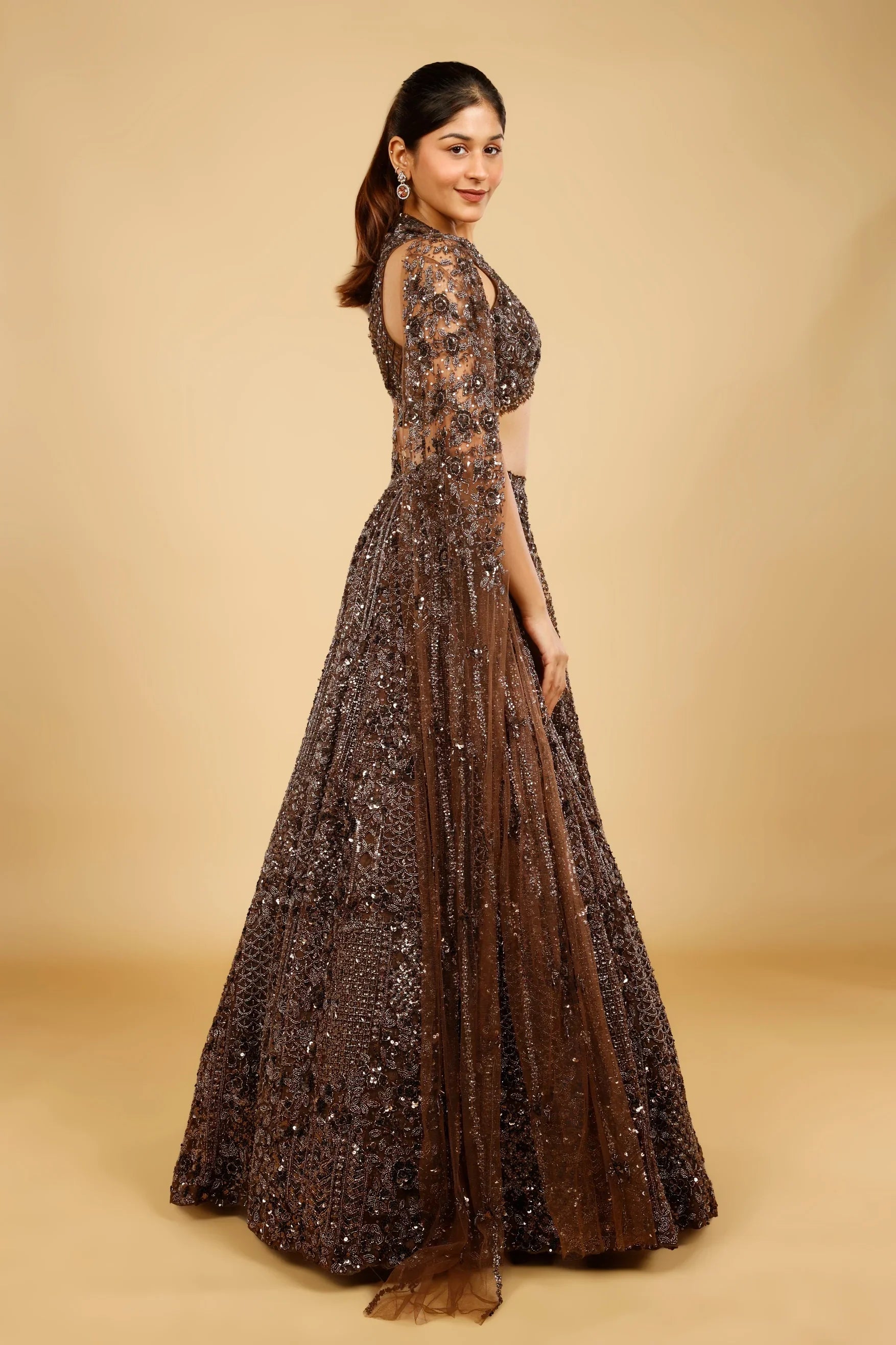 Brown Net Lehenga Set with Sequin, Kutdana & Pearl Embroidery - Mokshaa