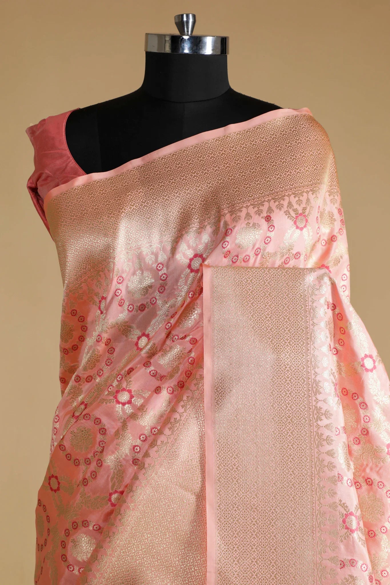 Peach Banarasi Silk Saree with All-Over Zari & Thread Weaving - Mokshaa