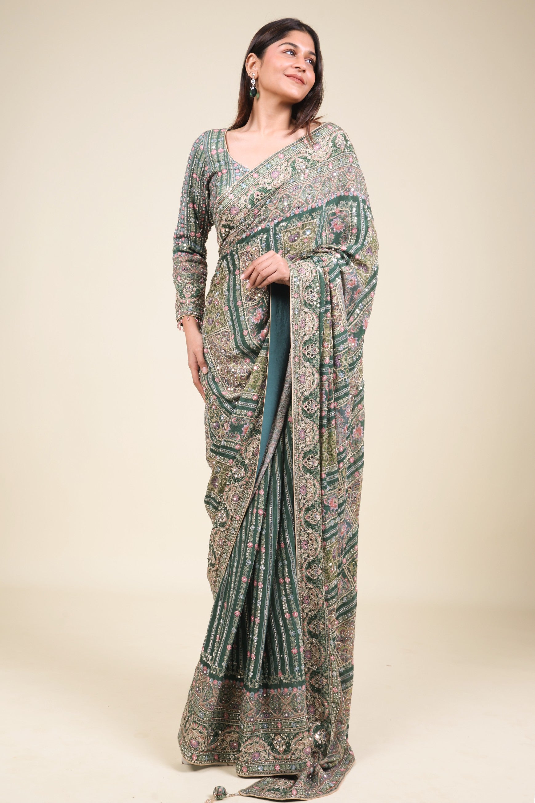 Emerald Green Soft Georgette Saree with Digital Print, Sequin & Mirror Highlights - Mokshaa