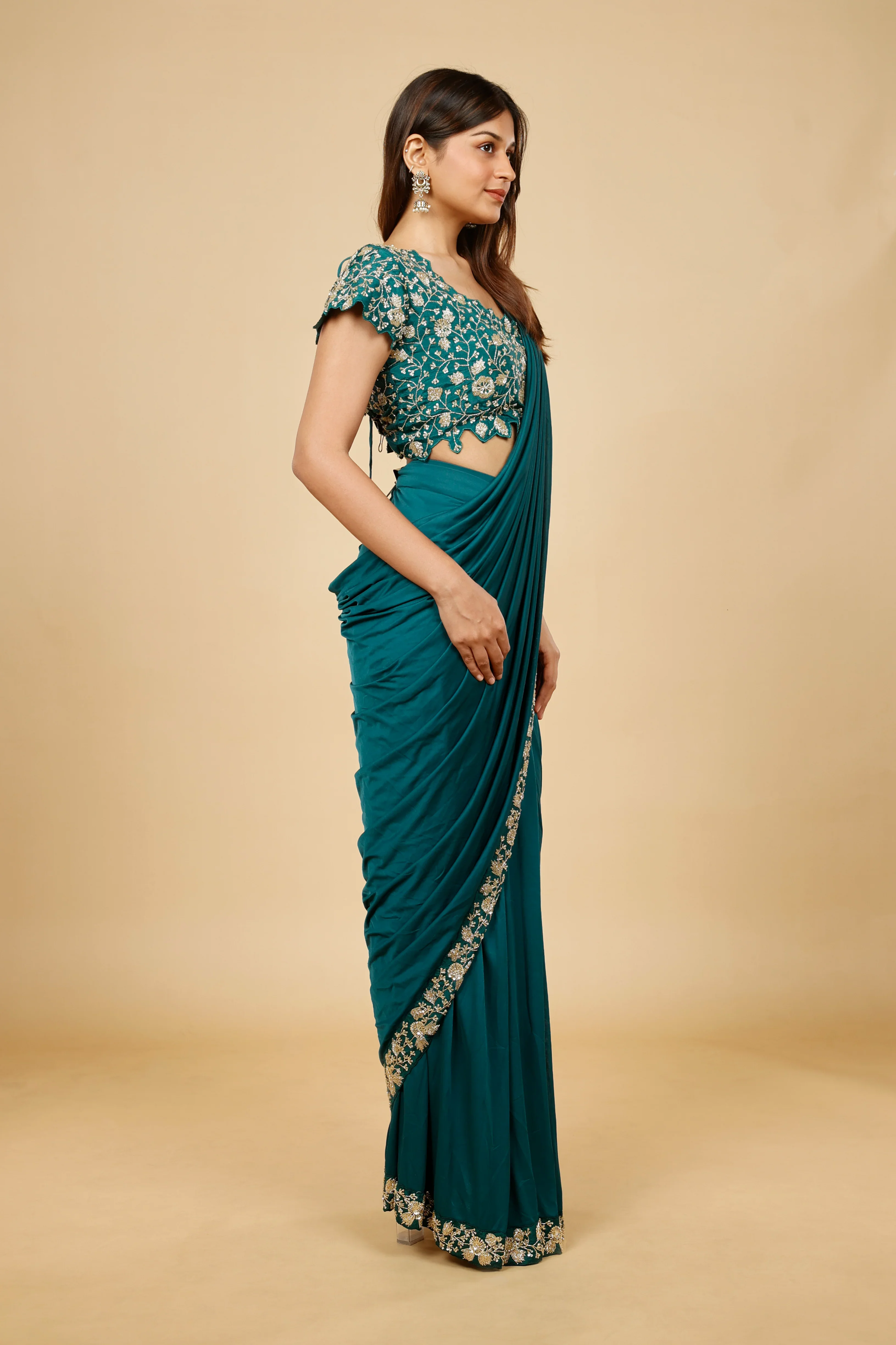 Emerald Green Lycra Silk Drape Saree with Kutdana Embroidery - Mokshaa