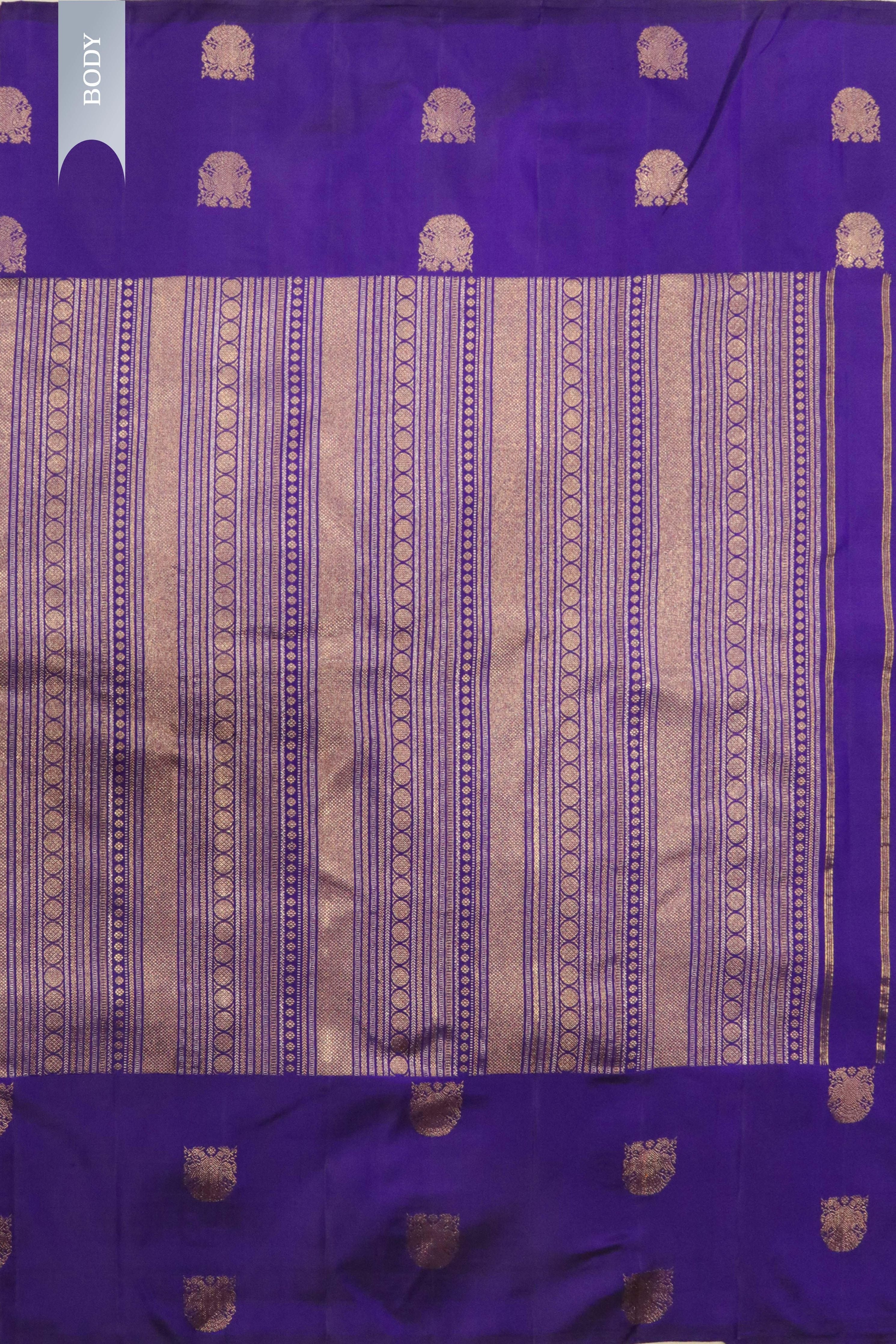 Blue Kanchipuram Silk Saree with Gold & Silver Geometrical Weaving and Zari Motif Border - Mokshaa