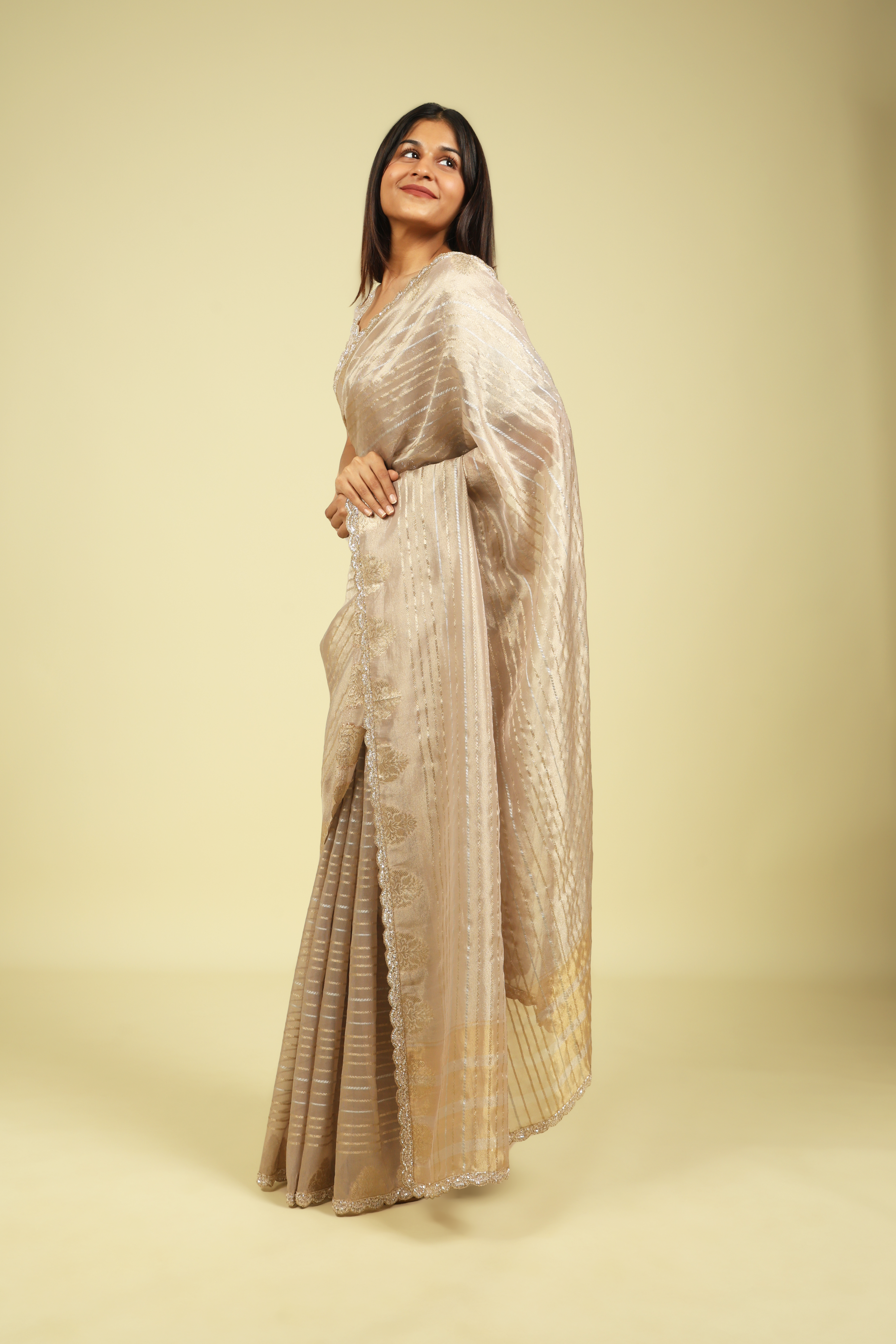 Rose Gold Tissue Saree with Gold & Silver Zari Stripes and Bead-Sequin Border - Mokshaa