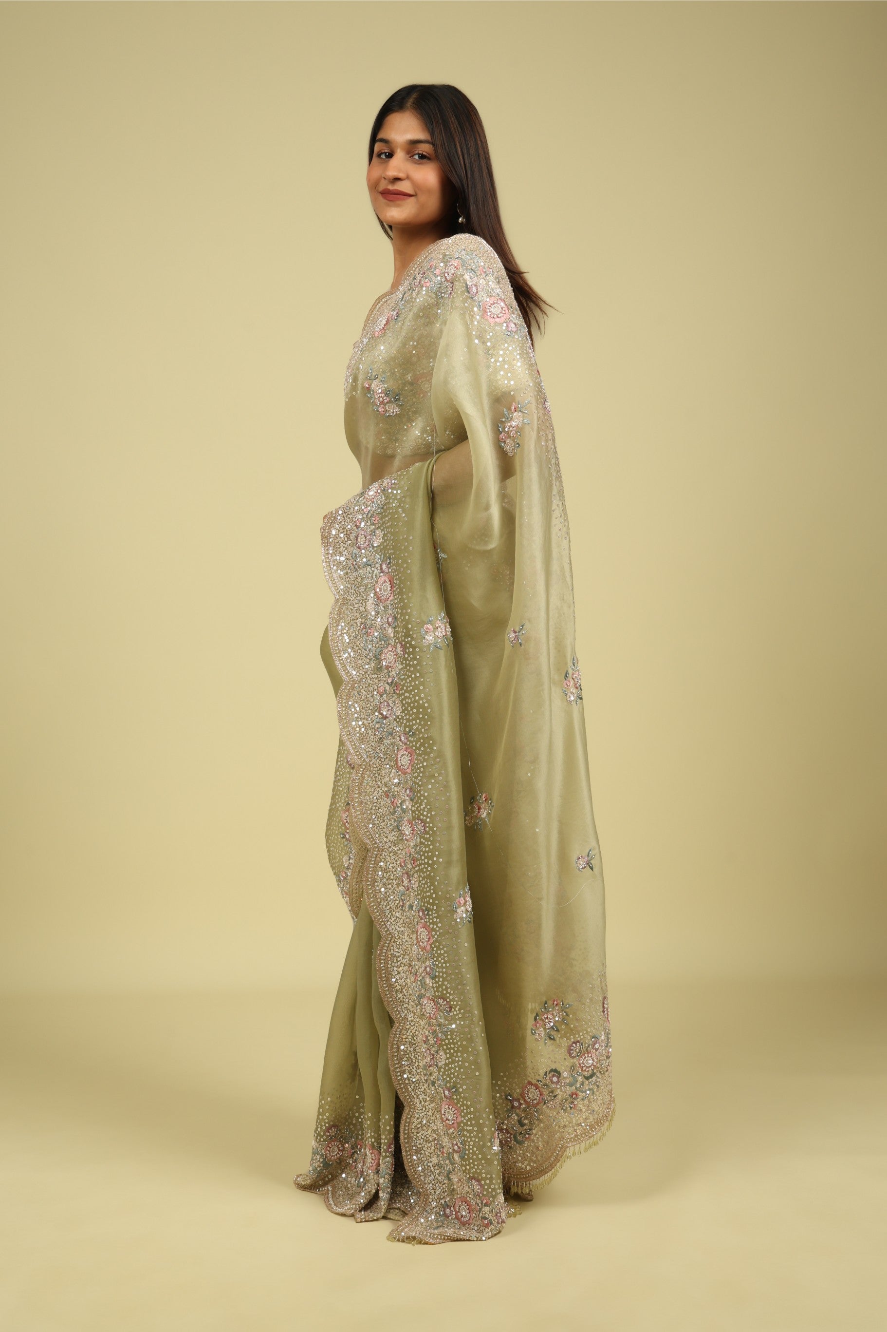 Light Green Organza Saree with Sequin & Thread Embroidery Motifs - Mokshaa