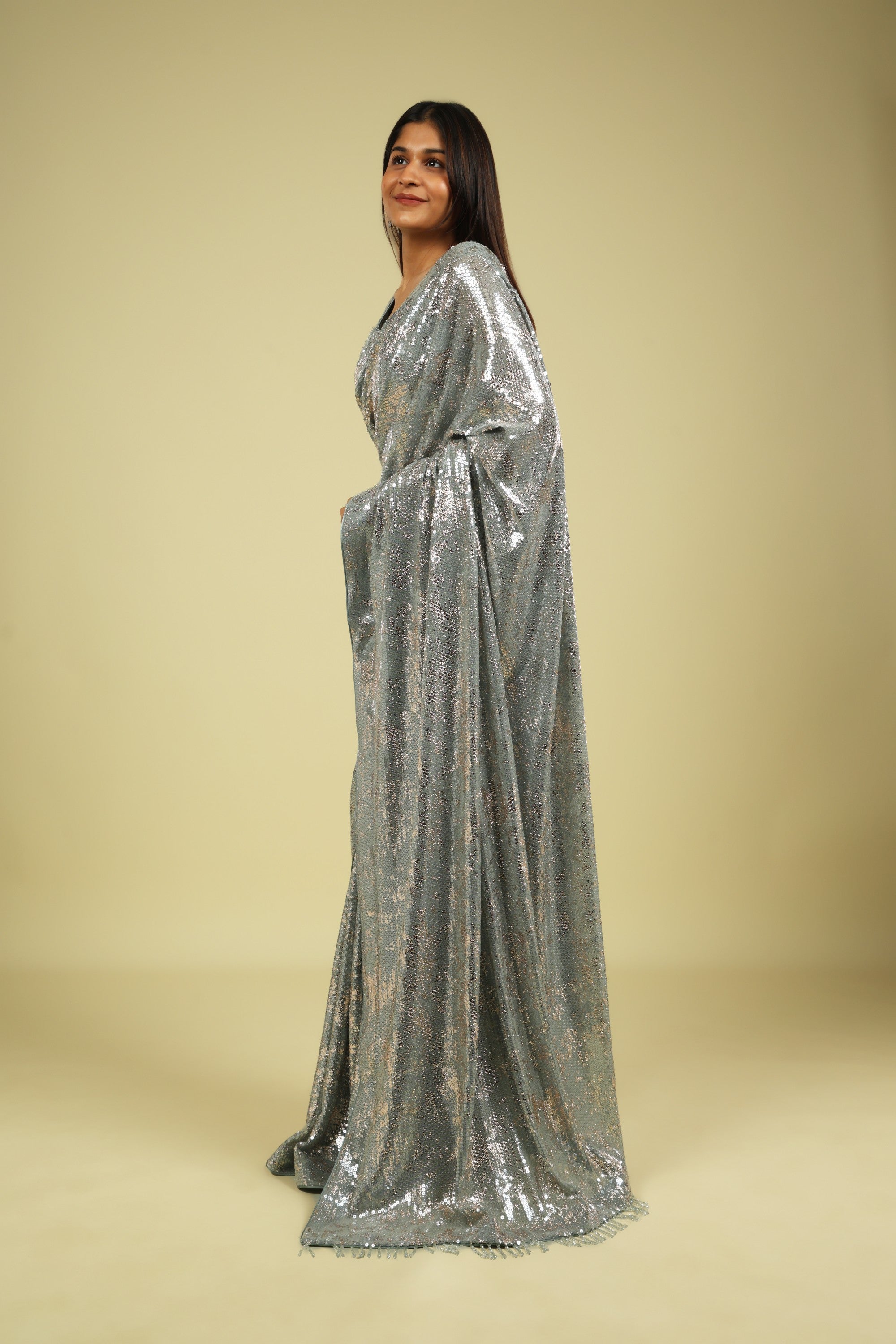 Ice Blue Net Saree with All-Over Sequin Work - Mokshaa