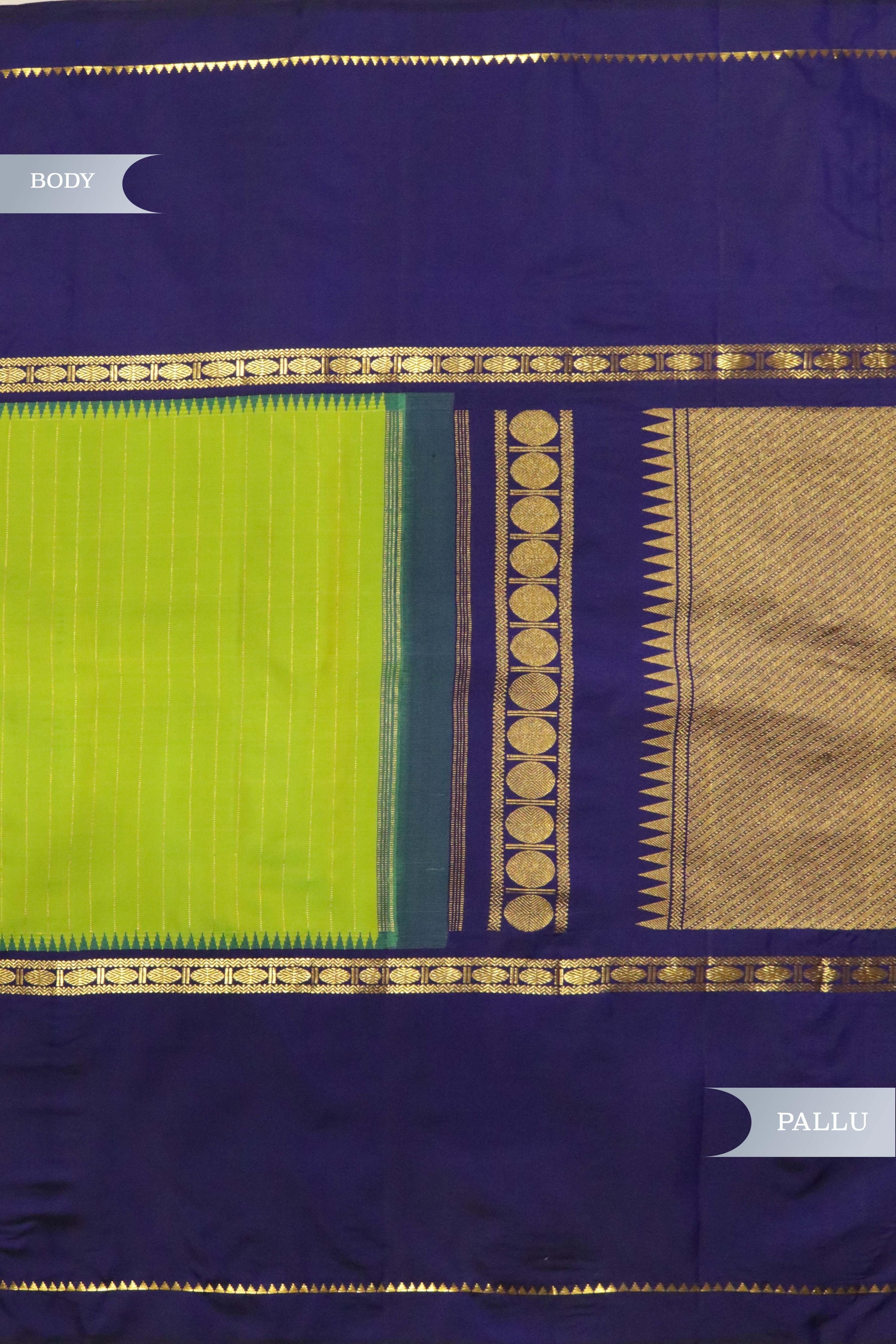 Green & Blue Kanchipuram Silk Saree with Vertical Zari Lines & Rudraksha Border - Mokshaa