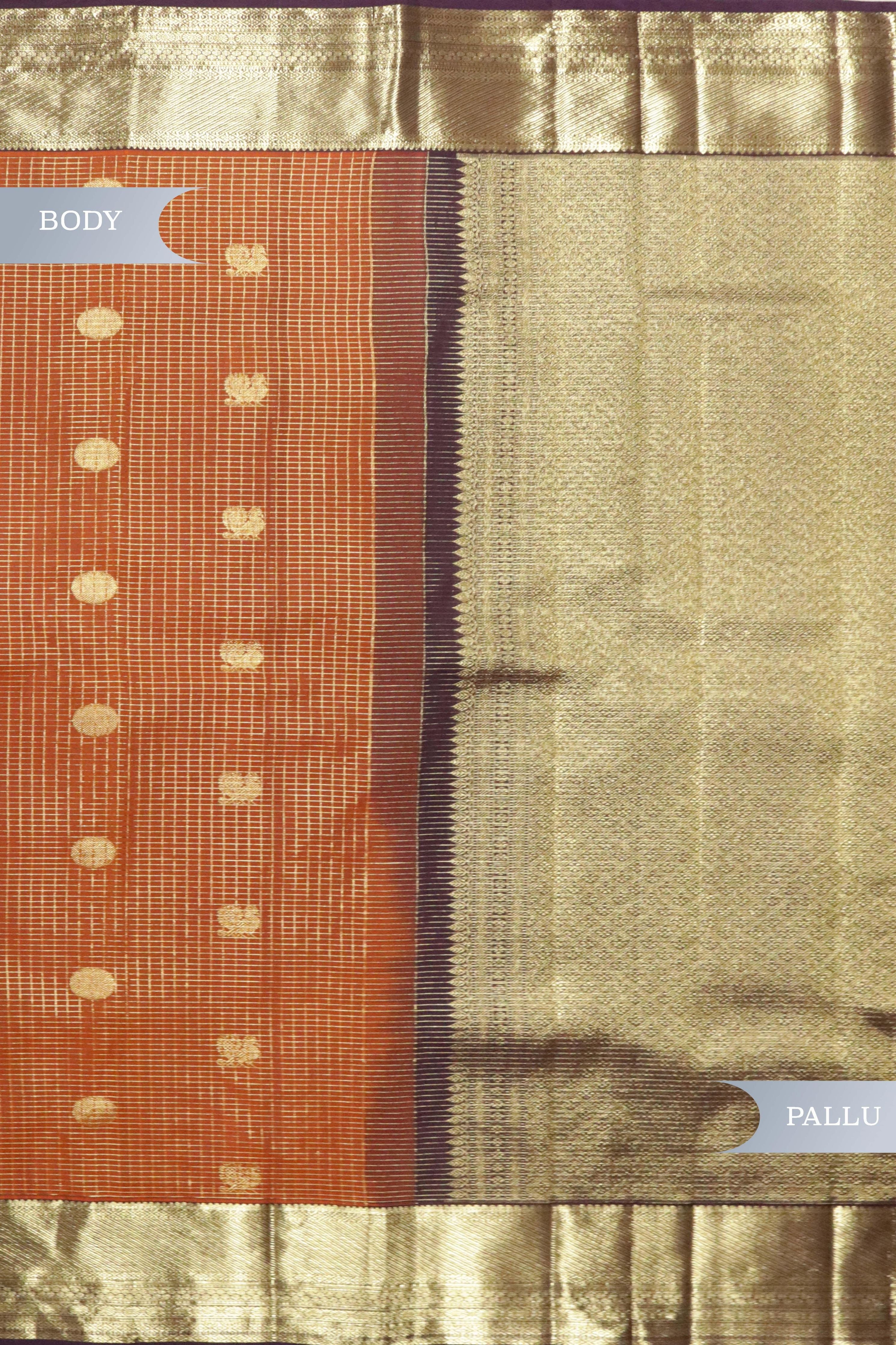 Rust Orange Kanchipuram Silk Saree with Zari Checks, Motifs & Weaving Border - Mokshaa