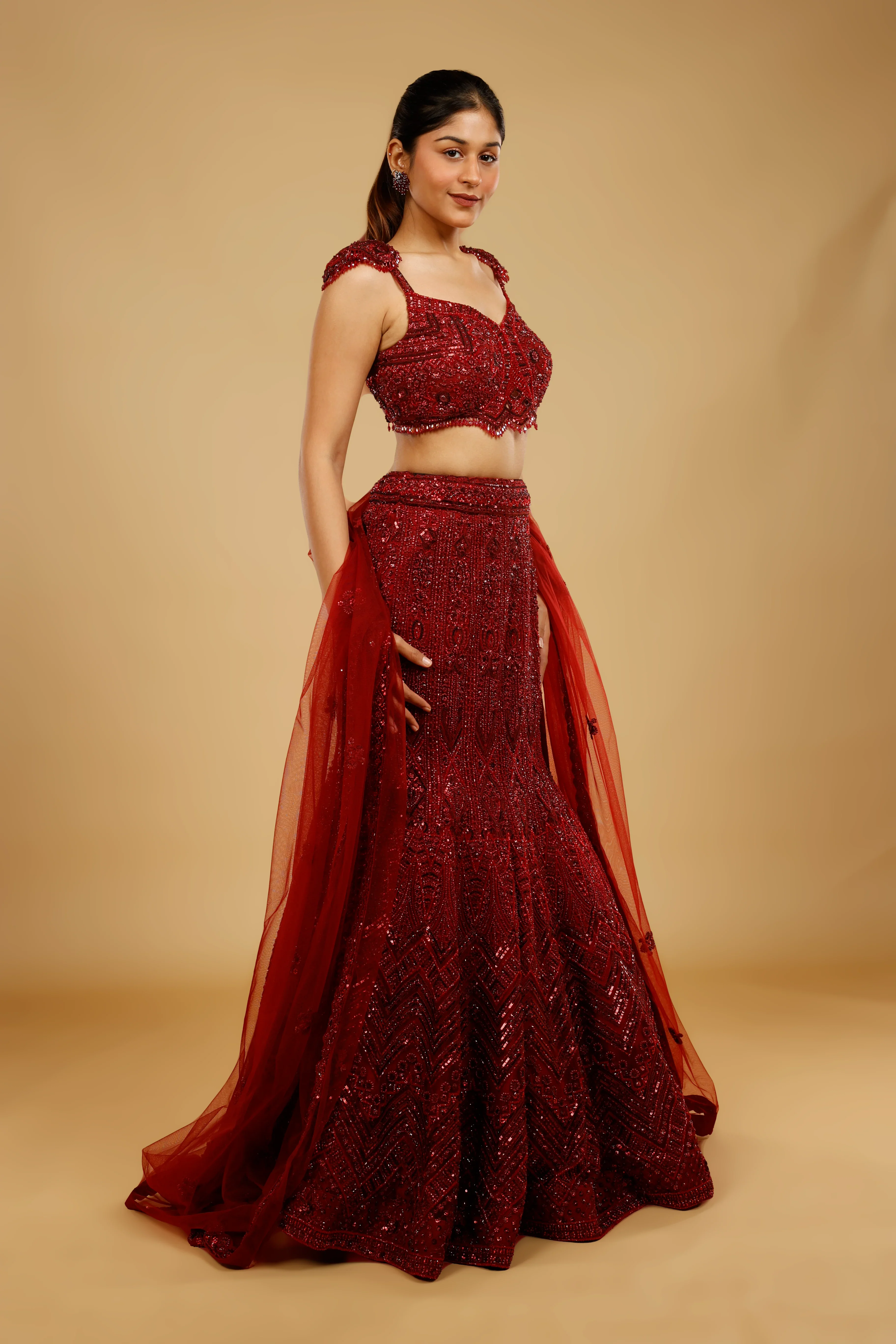 Maroon Hand-Embroidered Mermaid Lehenga Set - Mokshaa