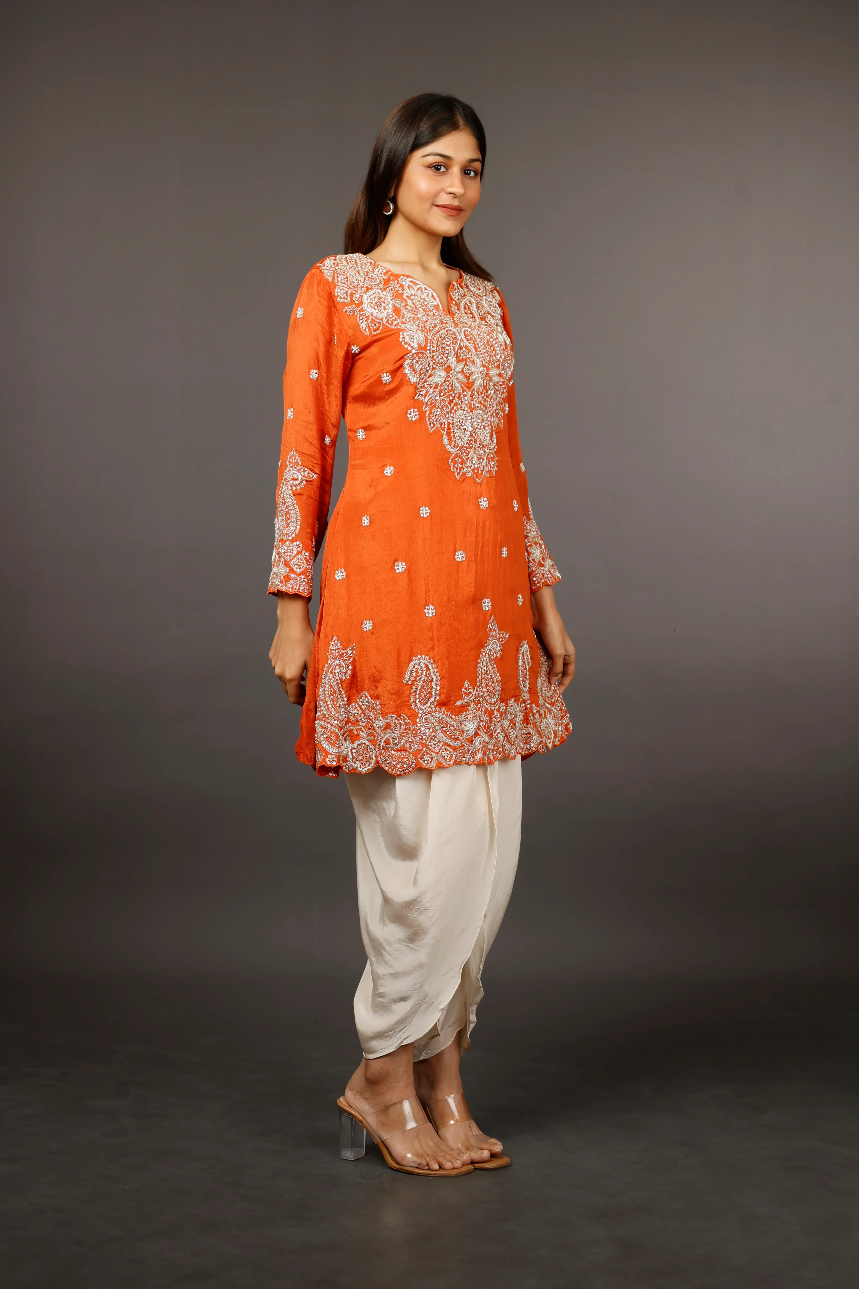 Rust Chinon Silk Indo-Western Kurta with Cream Dhoti Pants - Mokshaa