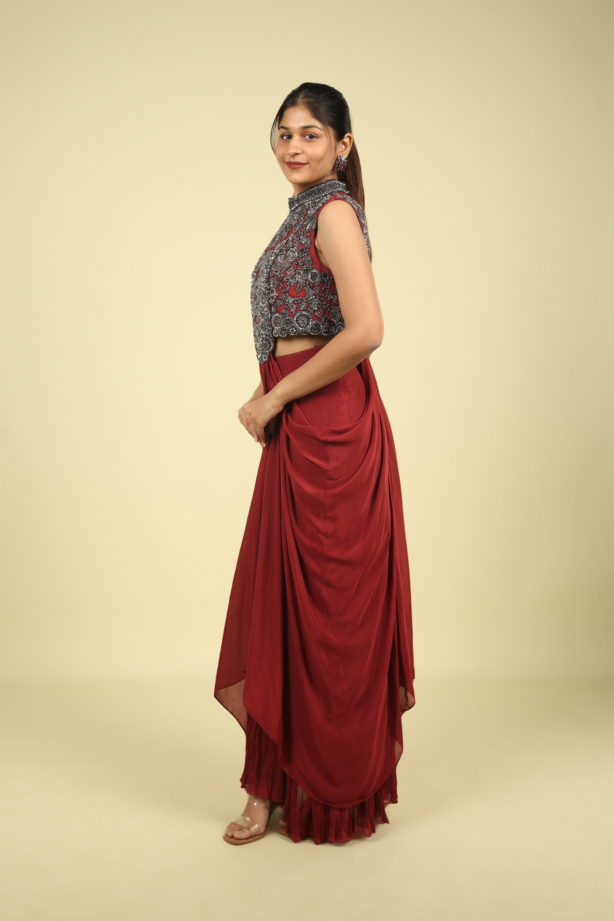 Maroon Draped Indo-Western Silk Set with Metallic & Thread Embroidery - Mokshaa