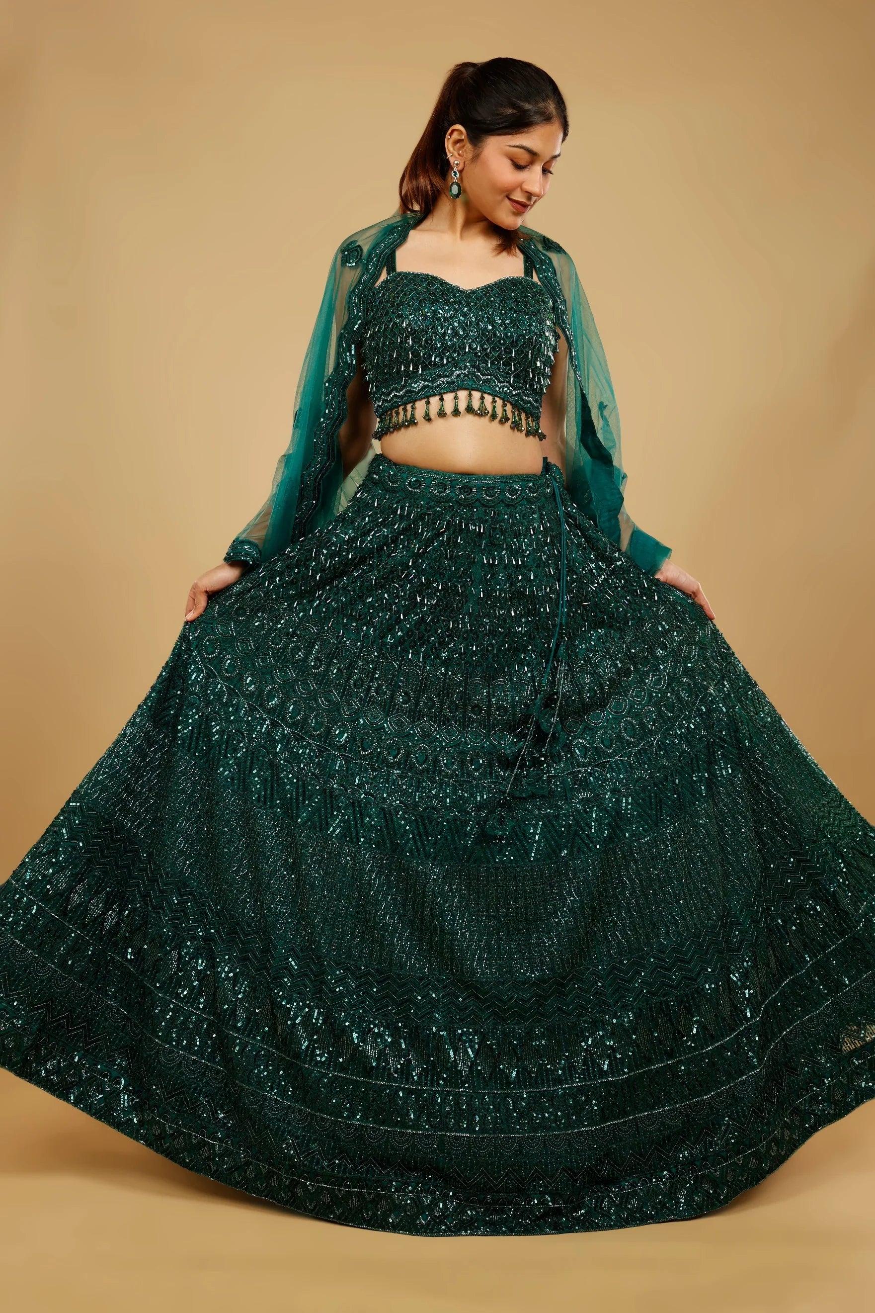 Bottle Green Net Lehenga Set with Sequin, Cutdana & Pearl Embroidery - Mokshaa