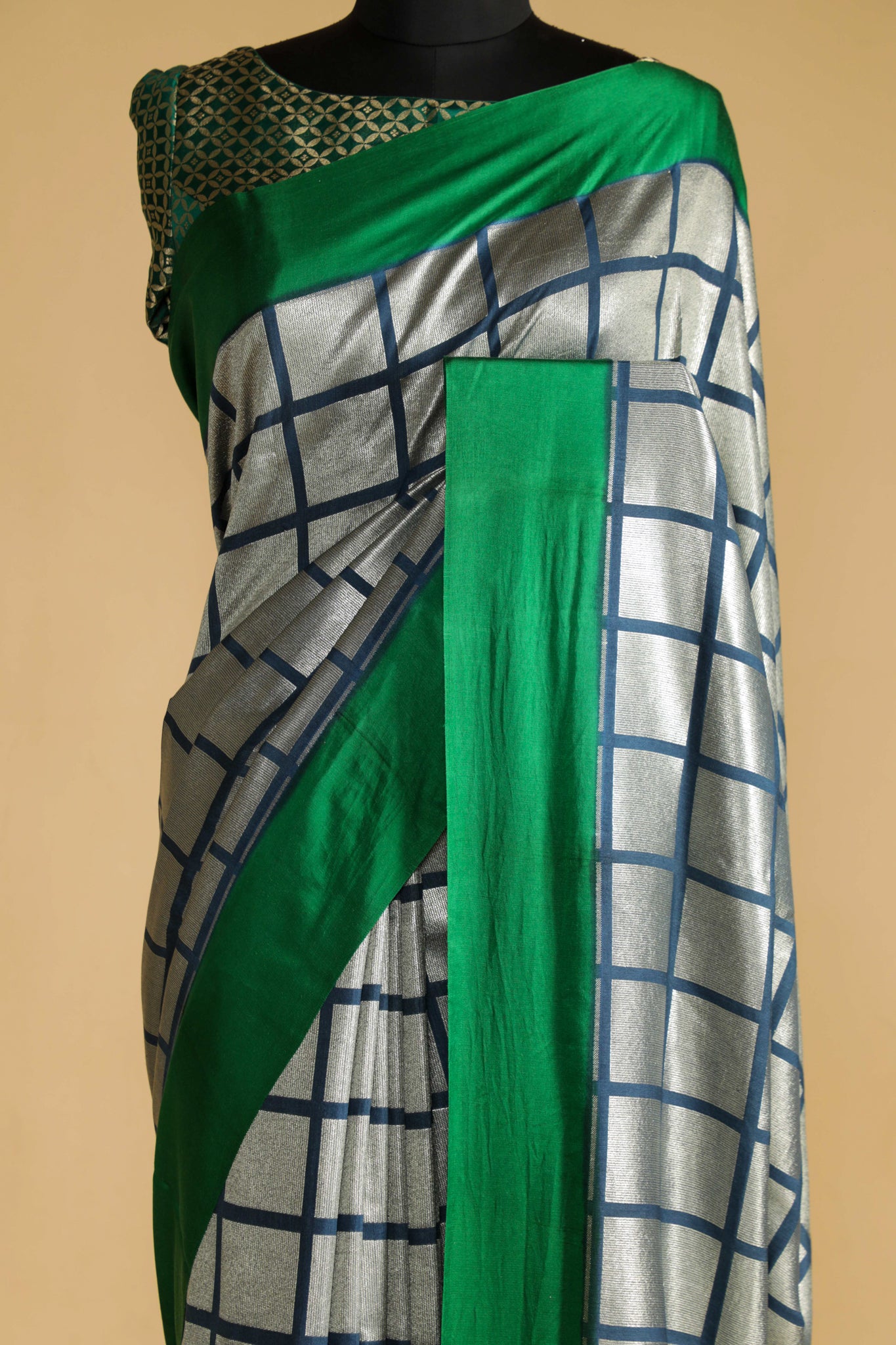 Ash Blue Handloom Silk Saree with Silver Zari Geometric Weaving - Mokshaa