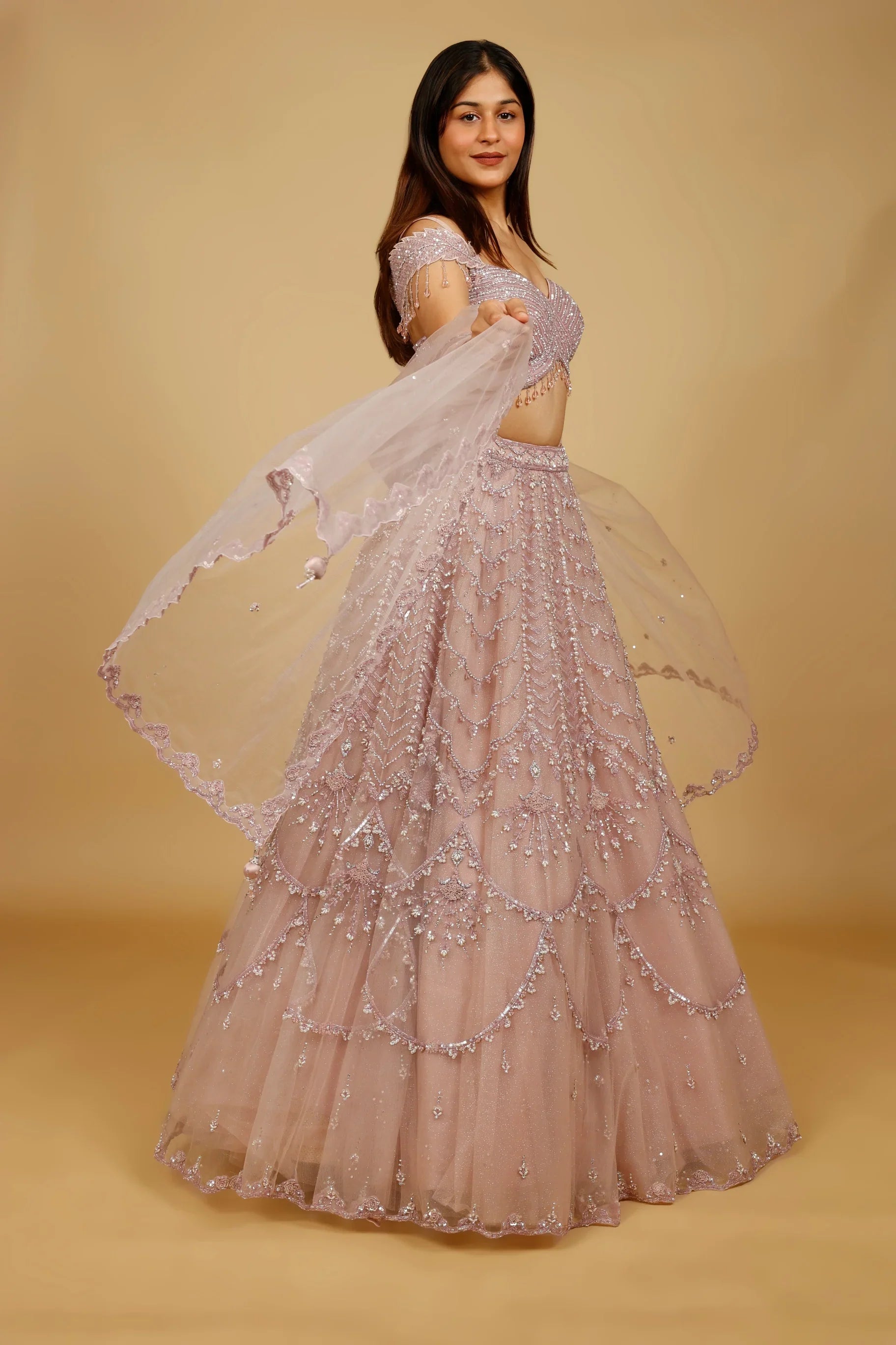 Mauve Net Lehenga Set with Sequin, Pearl & Cutdana Embroidery - Mokshaa