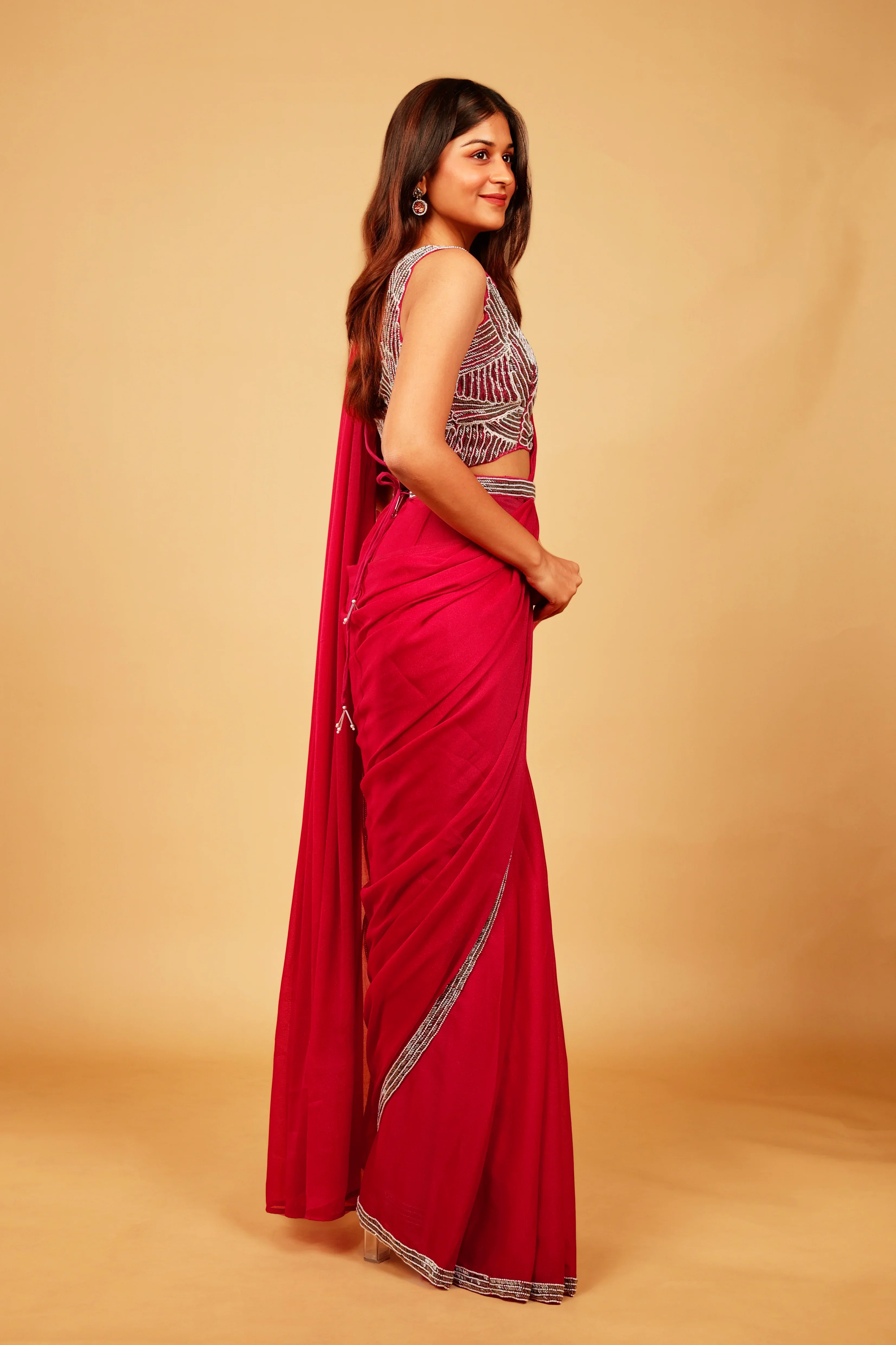 Pink Shimmer Drape Saree with Pearl & Cutdana Embroidery - Mokshaa