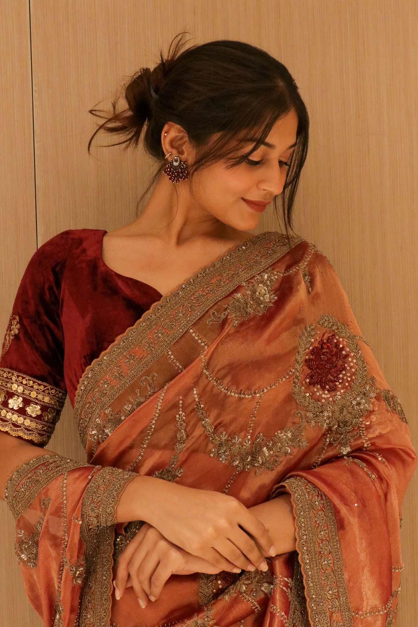 Rust Orange Tissue Saree with Antique Zardosi & Bead Work - Mokshaa
