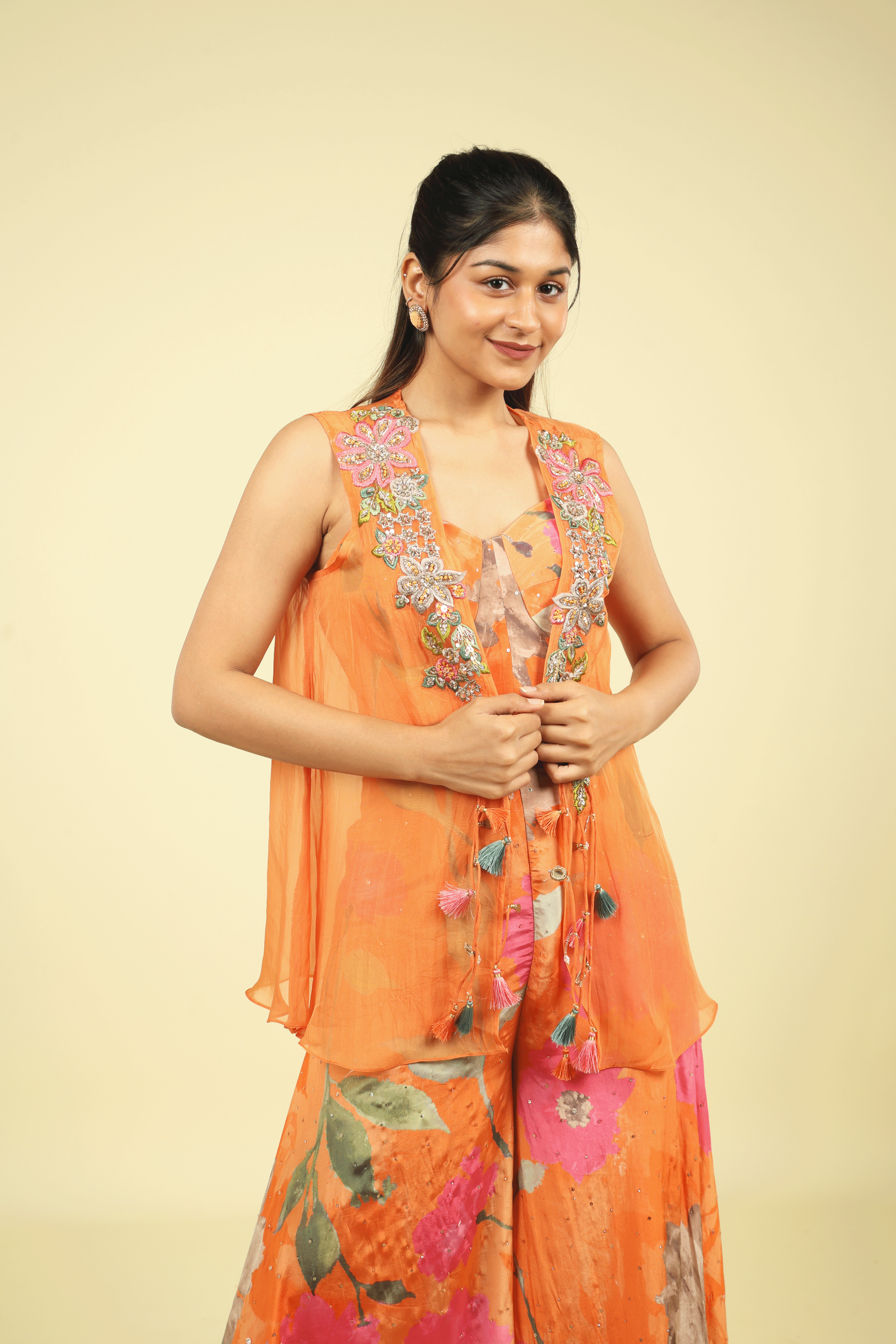 Orange Multi-Colour Printed Crepe Palazzo Set with Organza Jacket - Mokshaa