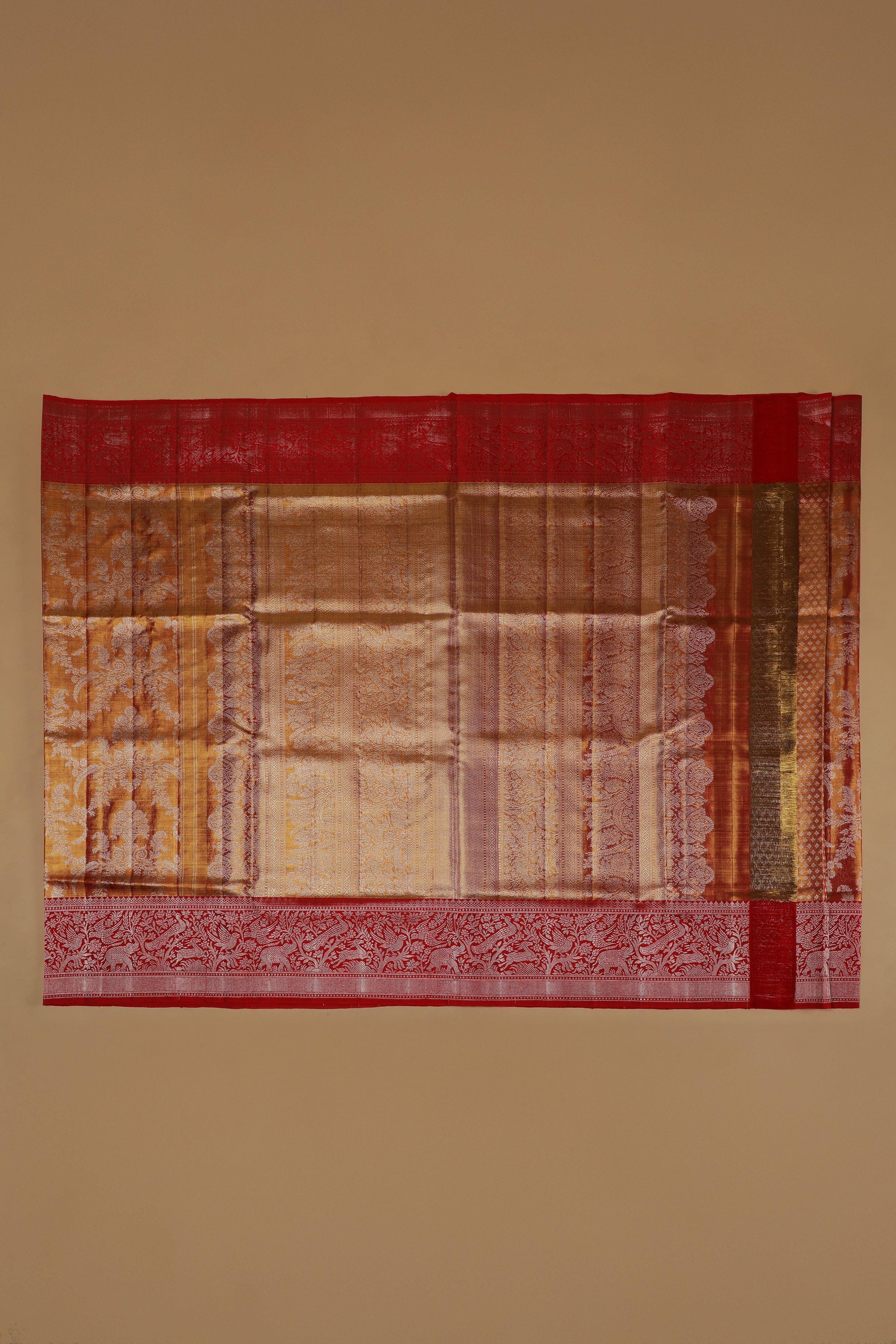 Burnt Gold Tissue Silk Saree with Zari Jaal and Red Korvai Border - Mokshaa