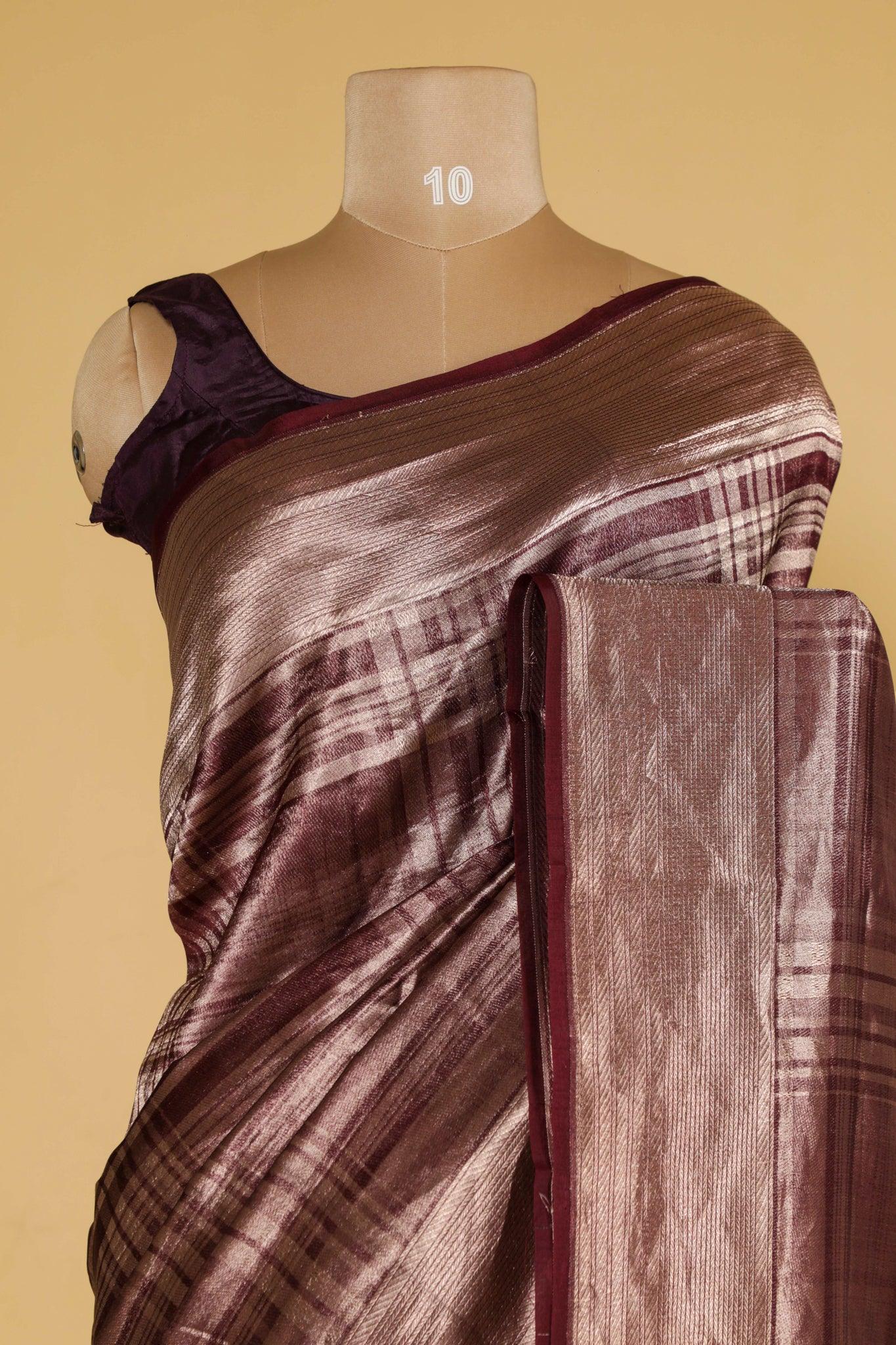 Wine Banarasi Kora Silk Saree with Self Zari Checks & Zari Border - Mokshaa