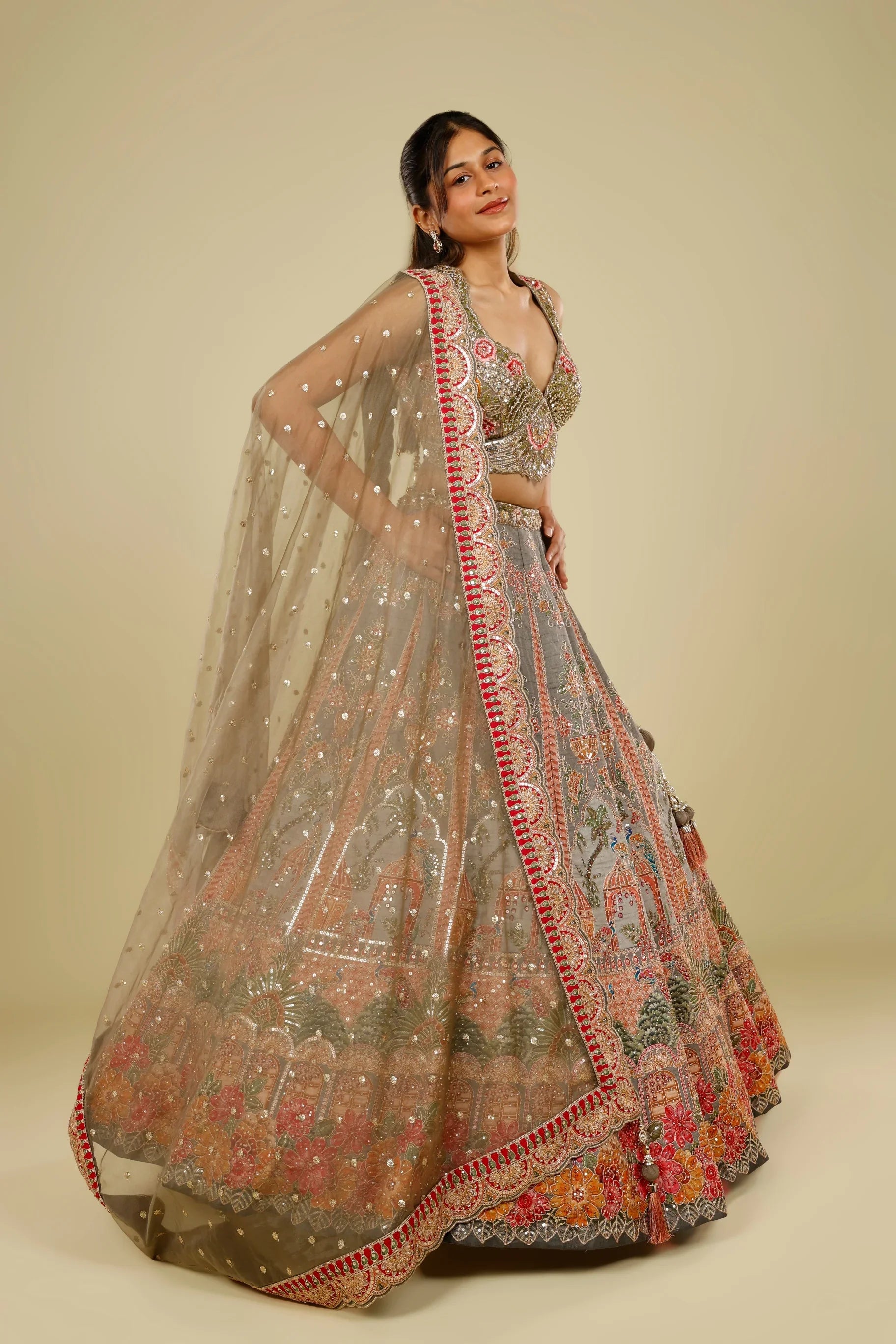 Grey Silk Lehenga Set with Zari, Stone & Sequin Embroidery - Mokshaa