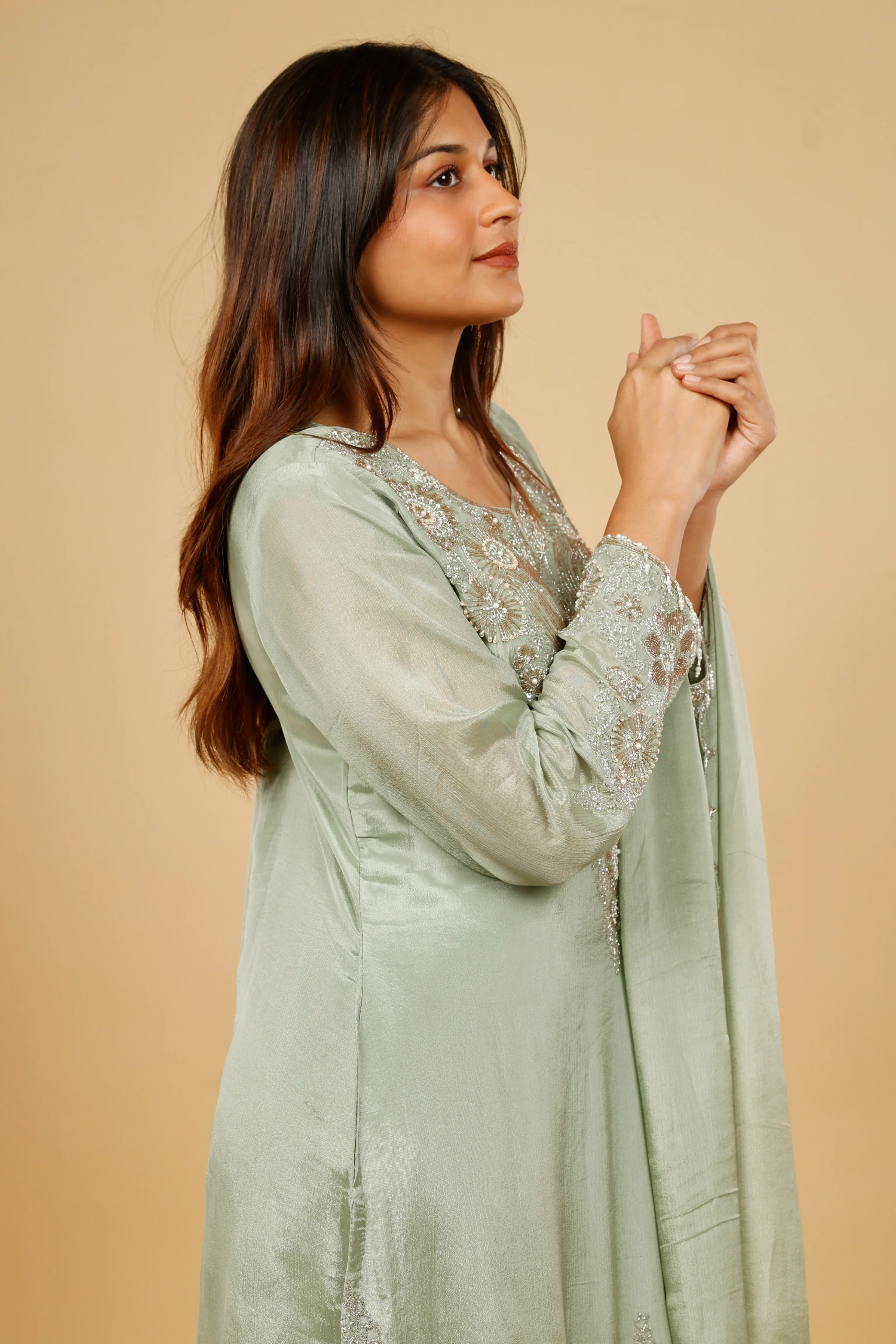 Mint Green Chinon Silk Sharara Set with Kutdana & Pearl Embroidery - Mokshaa