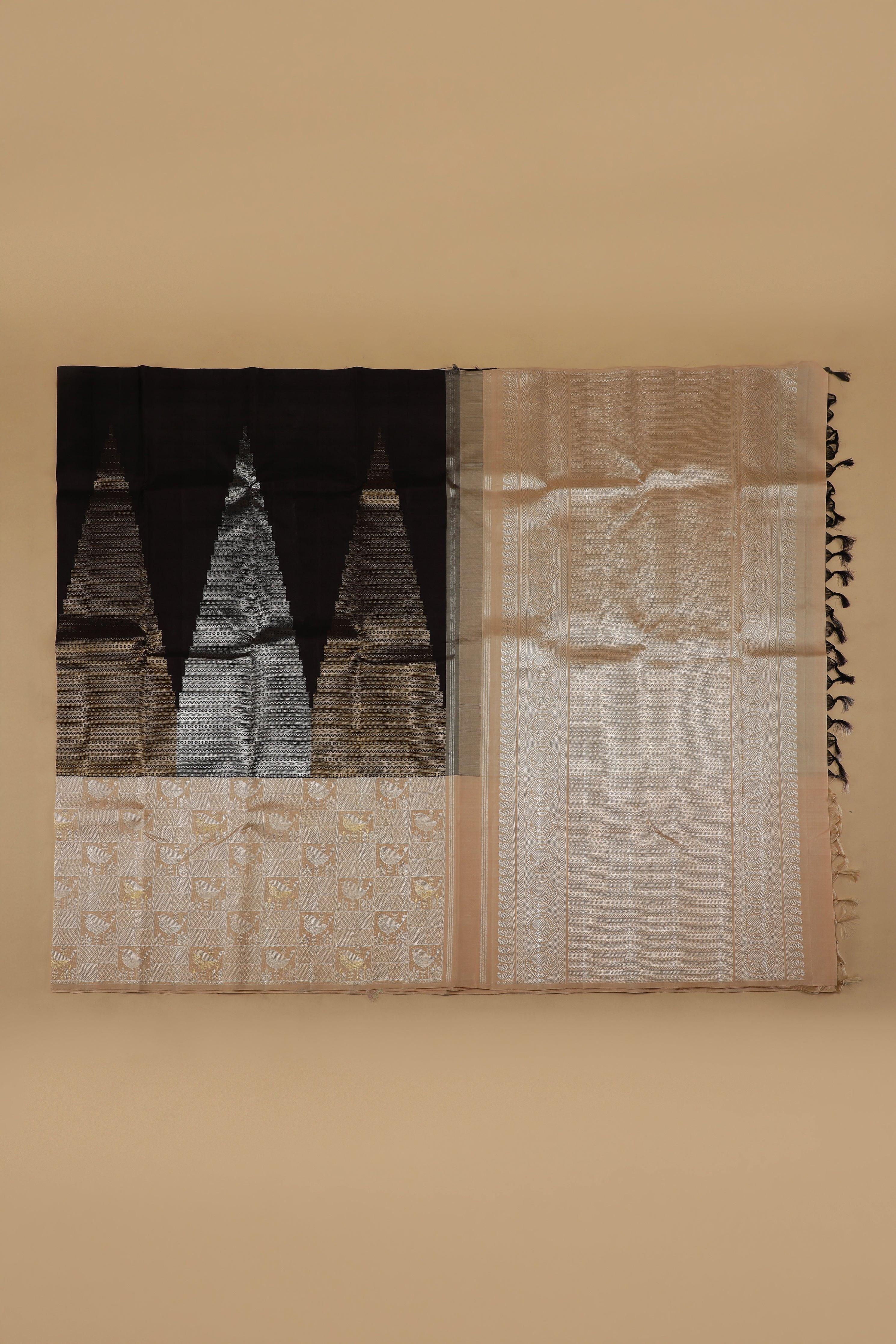 Black Kanchipuram Silk Saree with Geometric Zari and Cream Animal Border - Mokshaa
