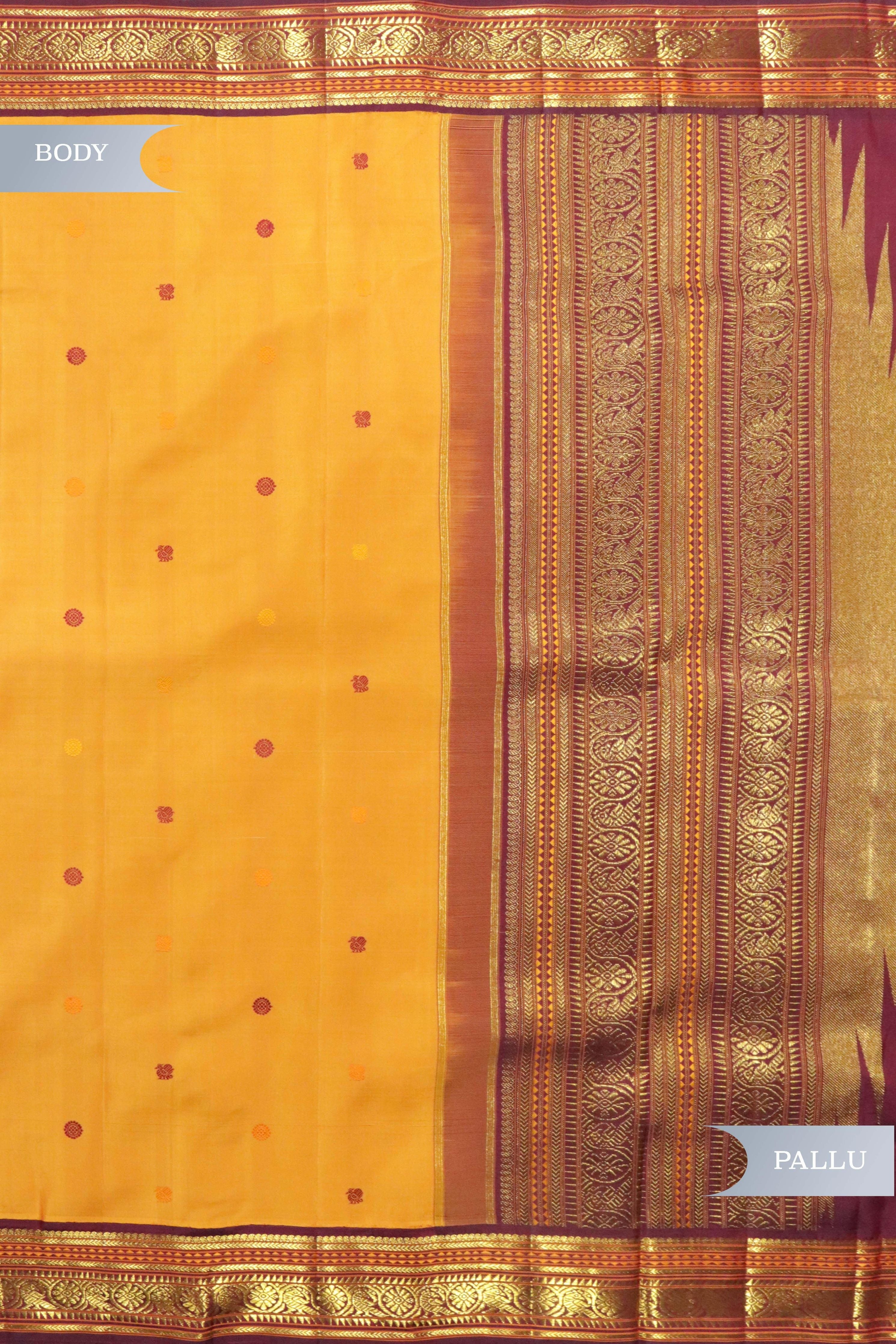 Pastel Orange Kanchipuram Silk Saree with Silk Thread Motifs & Contrast Zari Border - Mokshaa