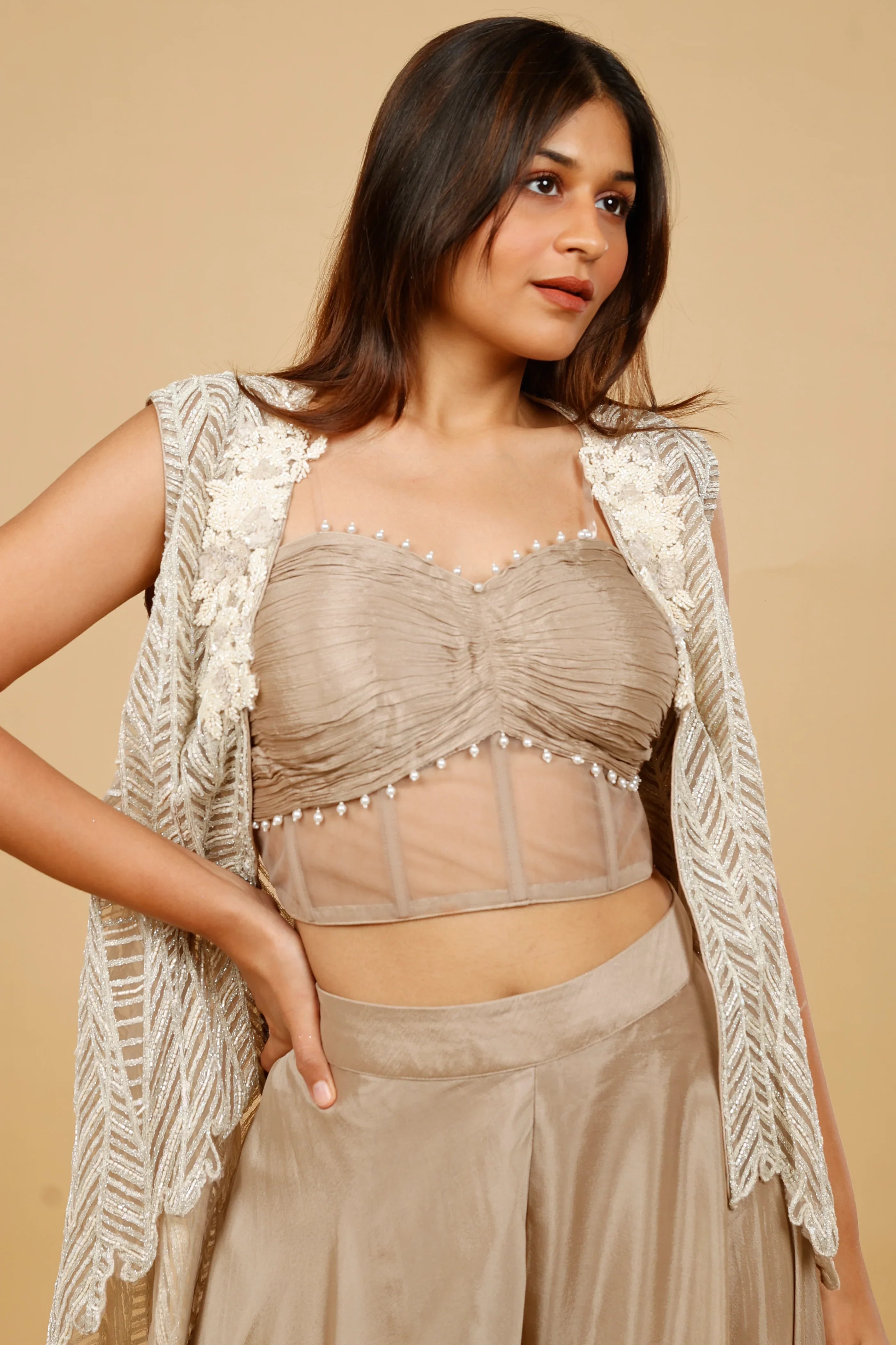 Dark Champagne Crepe Corset Palazzo Set with Embroidered Net Jacket - Mokshaa