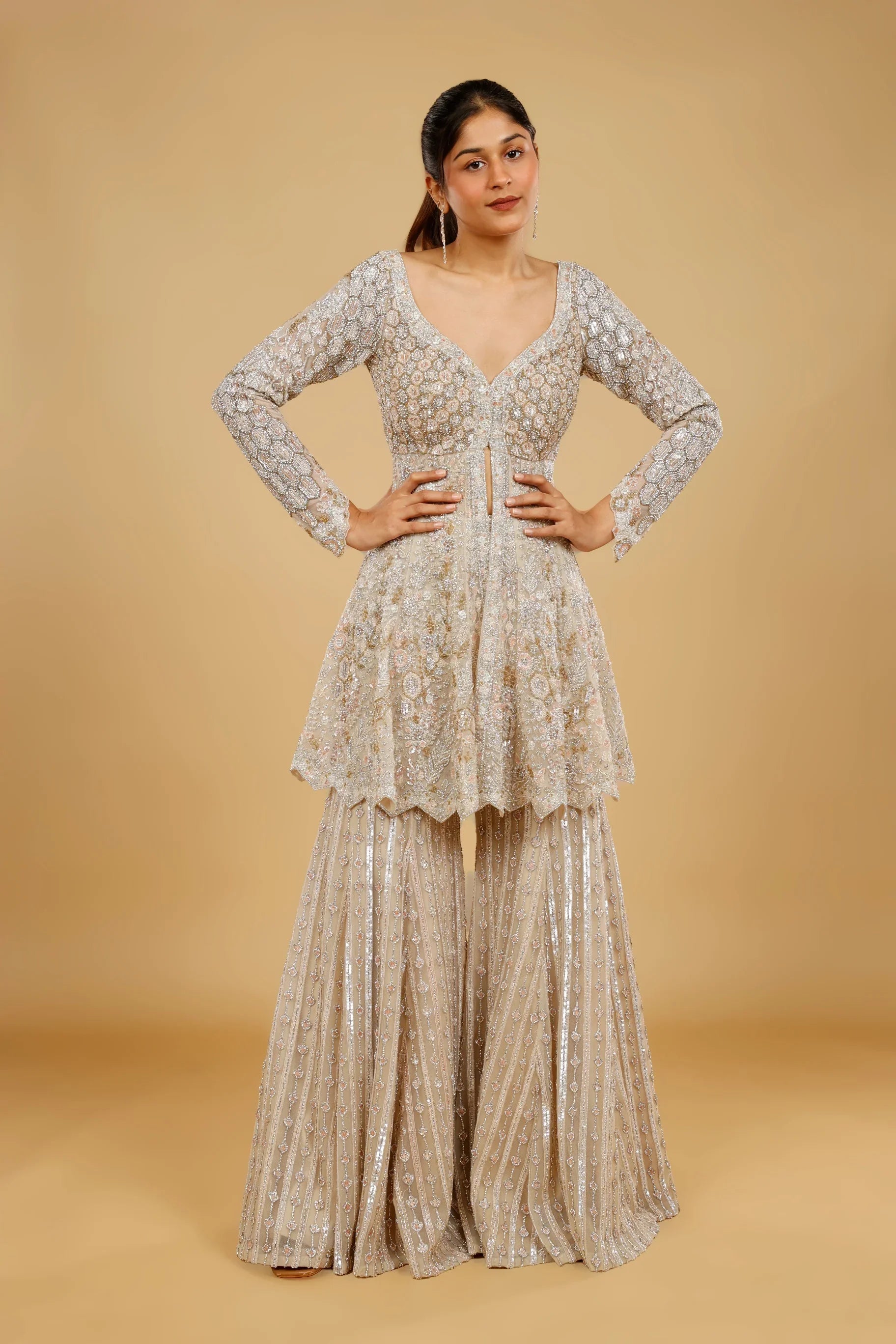 Ivory Net Sharara Set with Stone, Kundan & Sequin Embroidery - Mokshaa