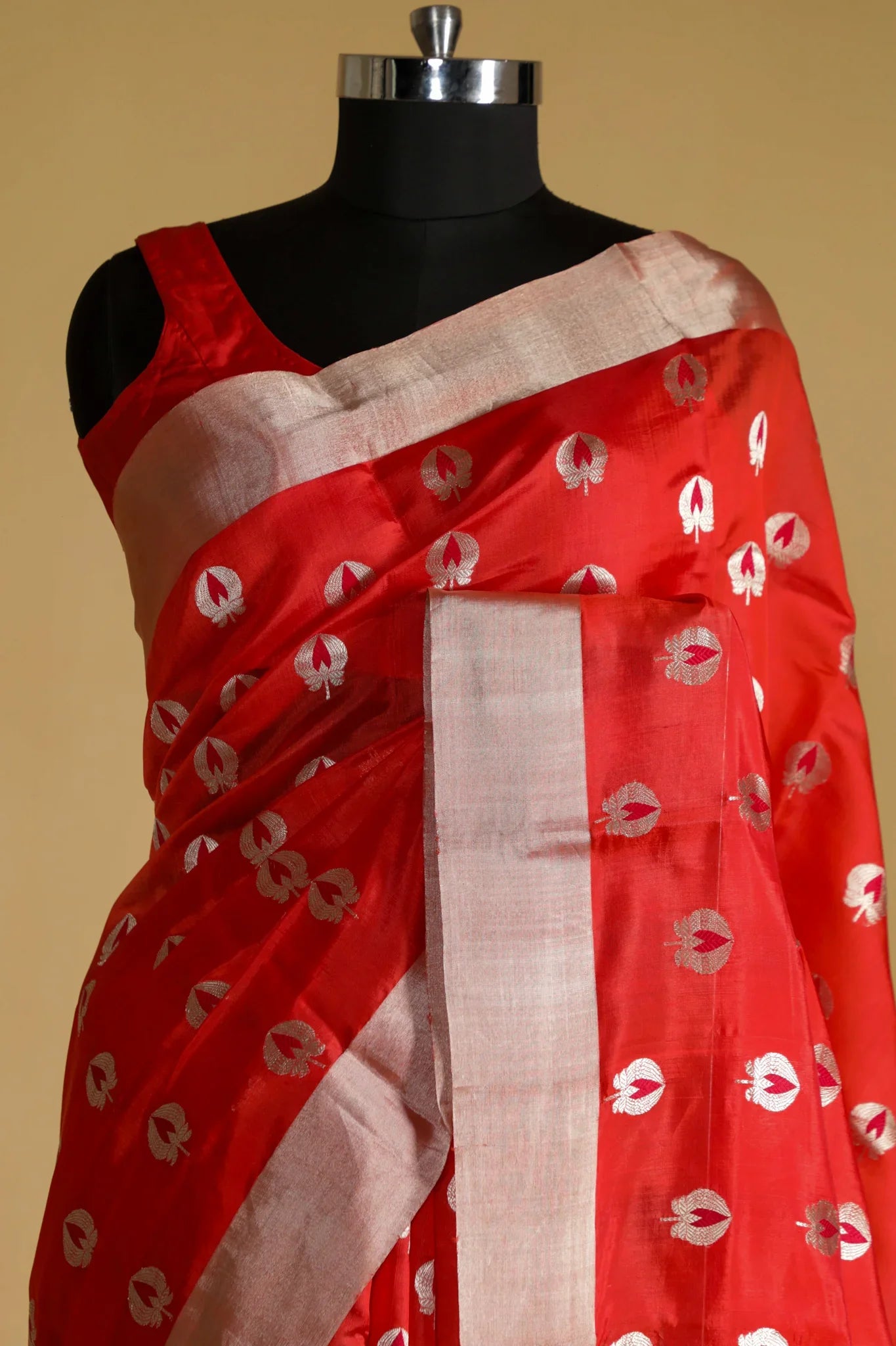 Orange Banarasi Chanderi Silk Saree with Silver & Thread Motifs - Mokshaa