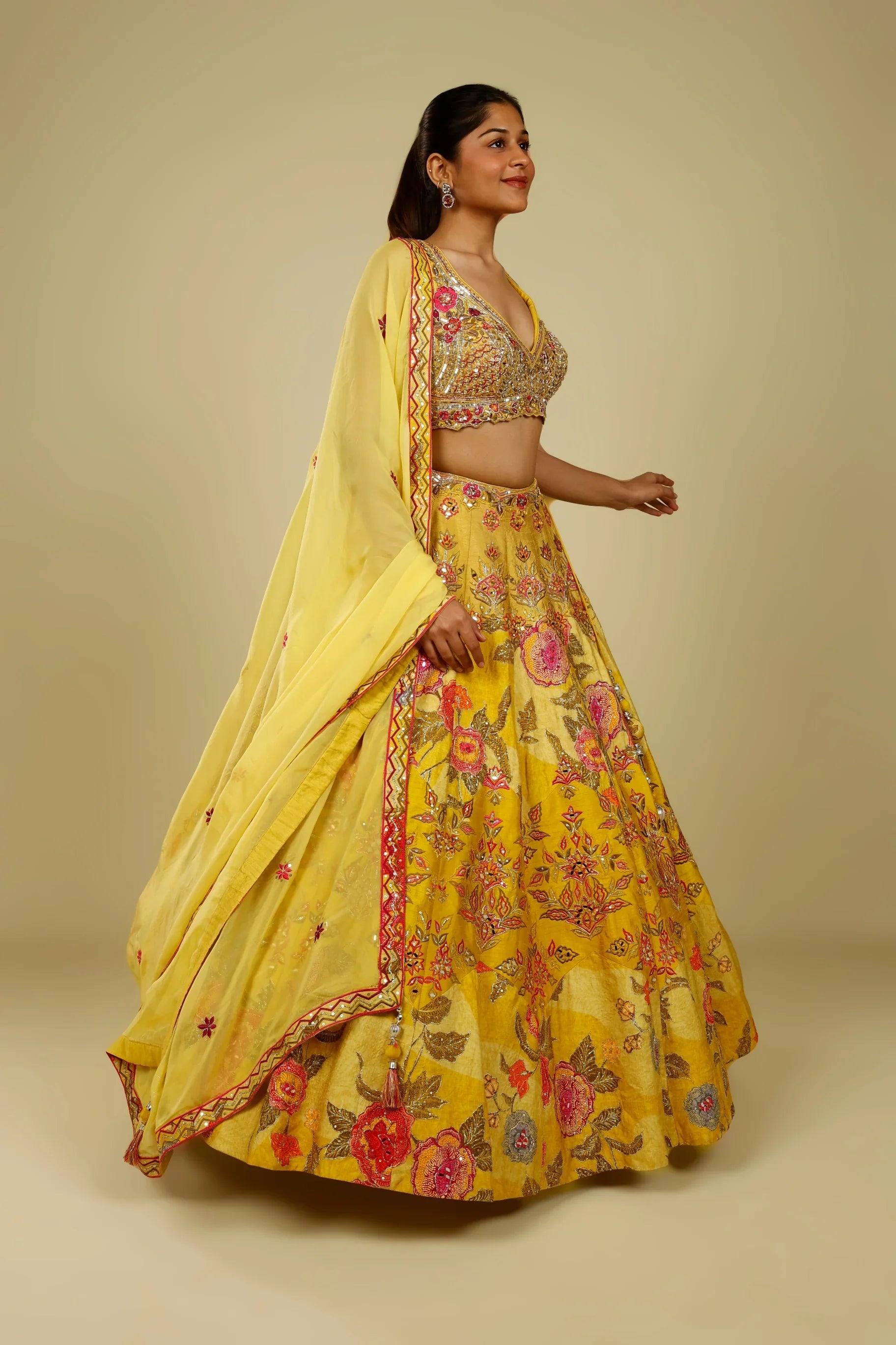 Yellow Silk Printed Lehenga Set with Thread, Mirror & Zari Embroidery - Mokshaa