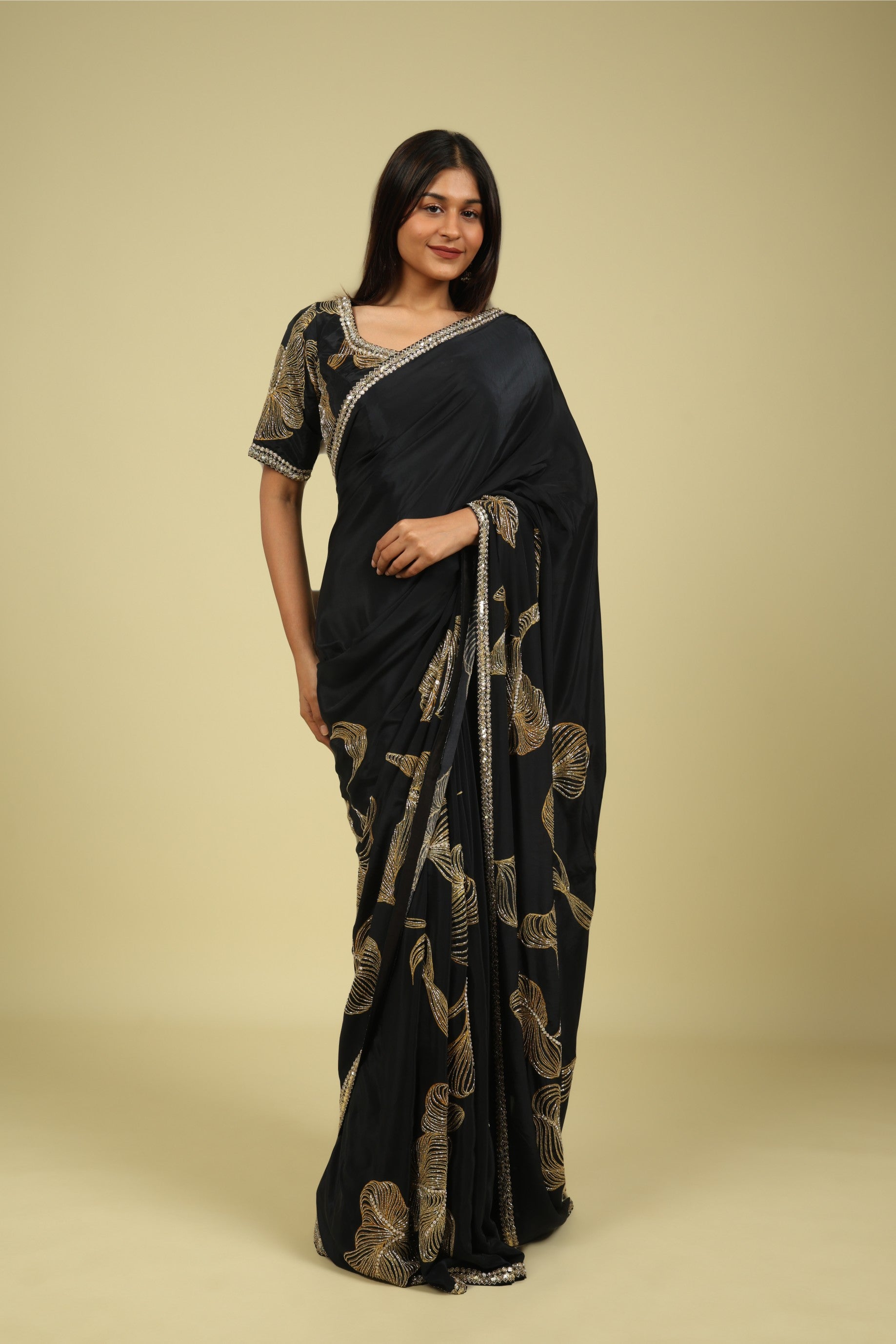 Black Satin Saree with Kardana & Sequin Fancy Work - Mokshaa