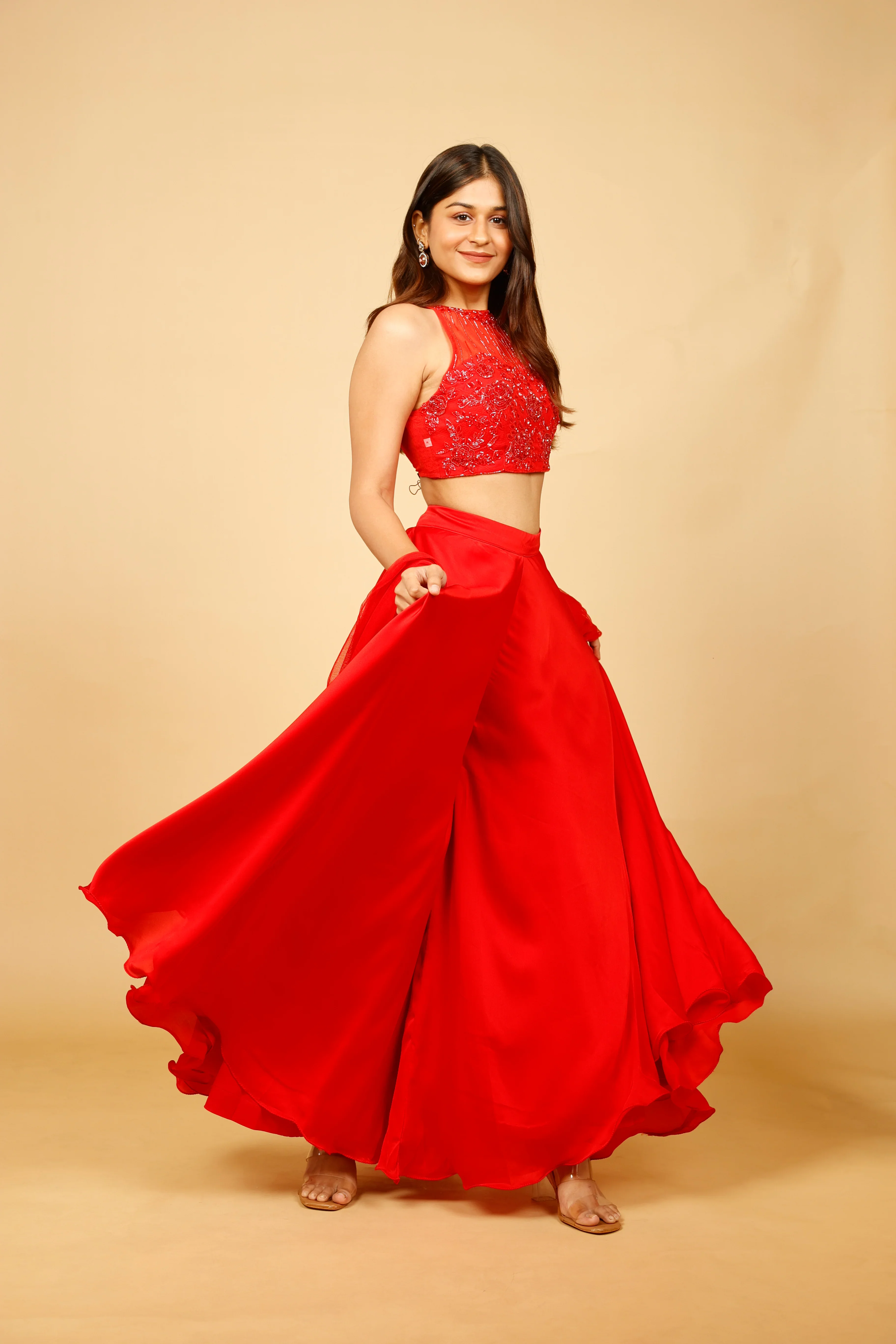Red Crop Top with Palazzo and Net Dupatta - Mokshaa