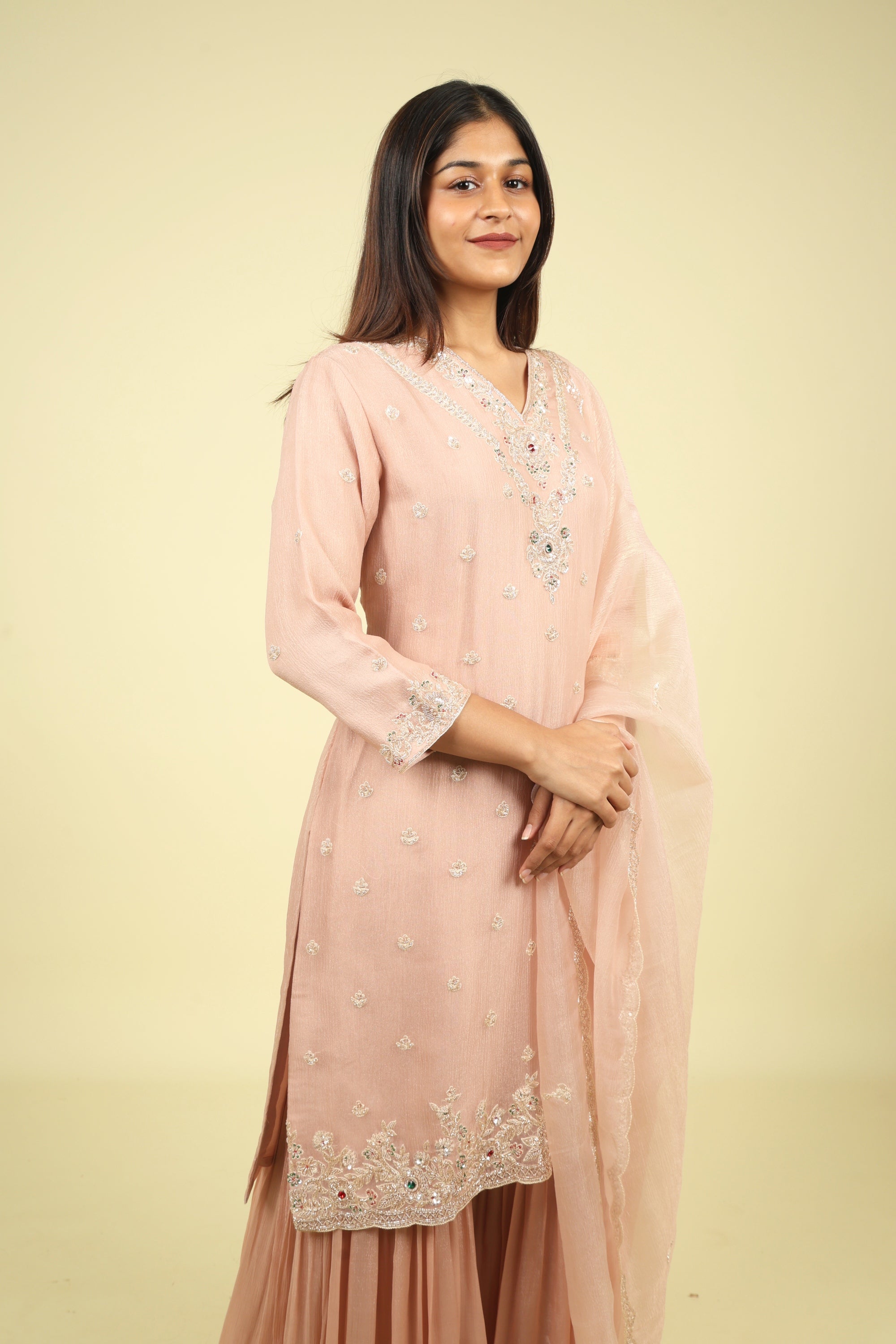 Blush Pink Crush Tissue Sharara Set with Pearl & Kutdana Embroidery - Mokshaa
