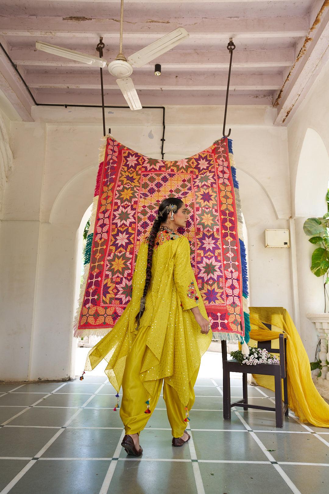 Mustard Organza High-Low Top & Pant Set - Mokshaa