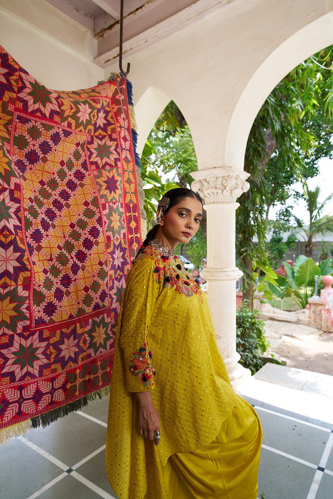 Mustard Organza High-Low Top & Pant Set - Mokshaa