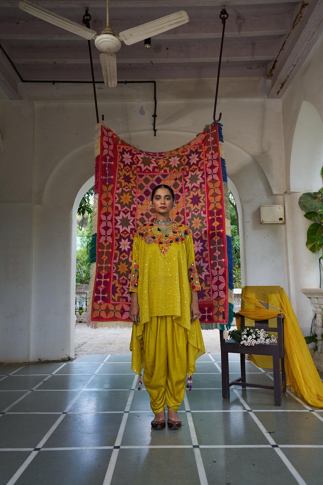 Mustard Organza High-Low Top & Pant Set - Mokshaa